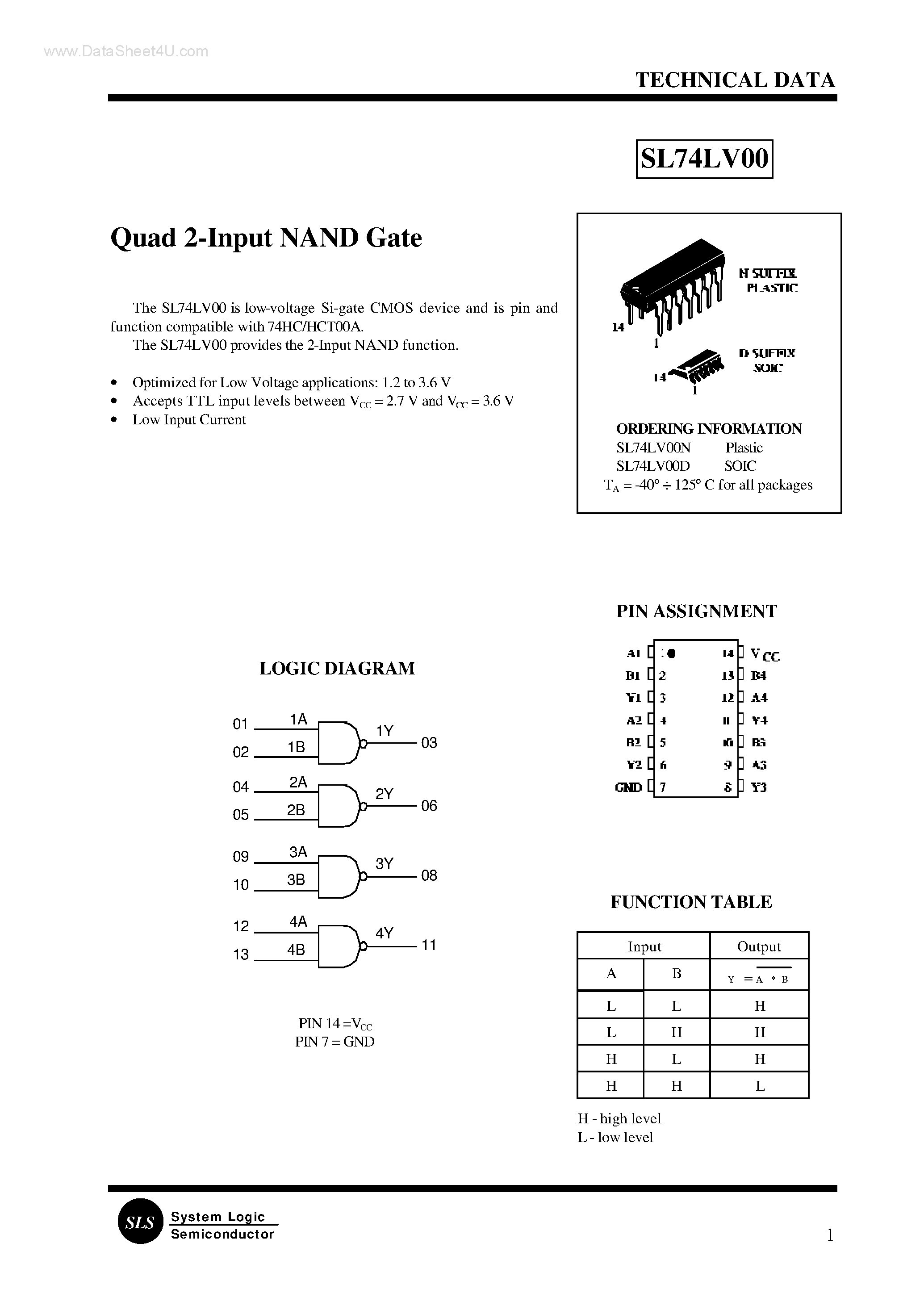Datasheet SL74LV00 page 1 Datasheet SL74LV00 - QUAN 2-INPUT NAND GATE page 1