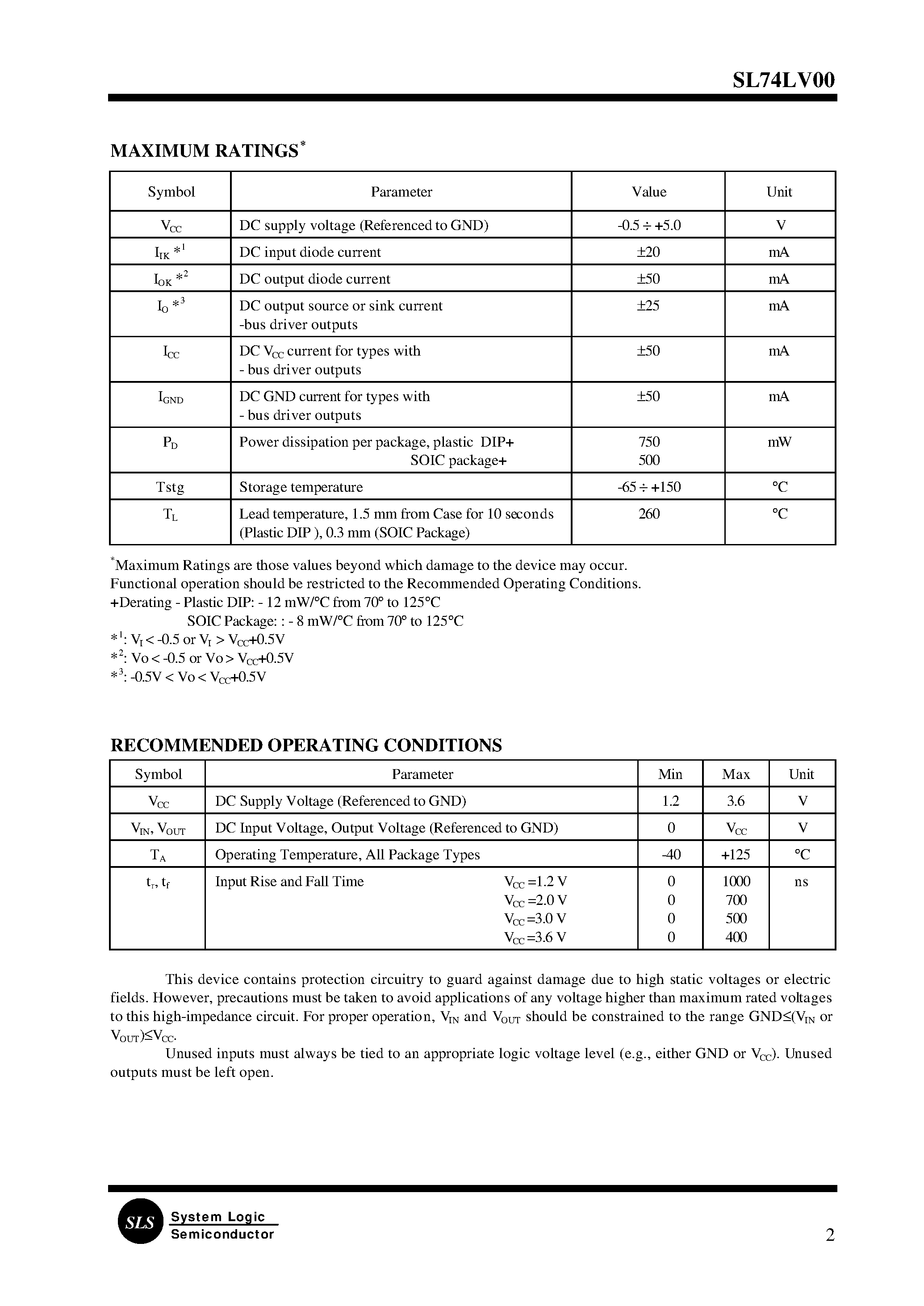 Datasheet SL74LV00 page 2 Datasheet SL74LV00 - QUAN 2-INPUT NAND GATE page 2