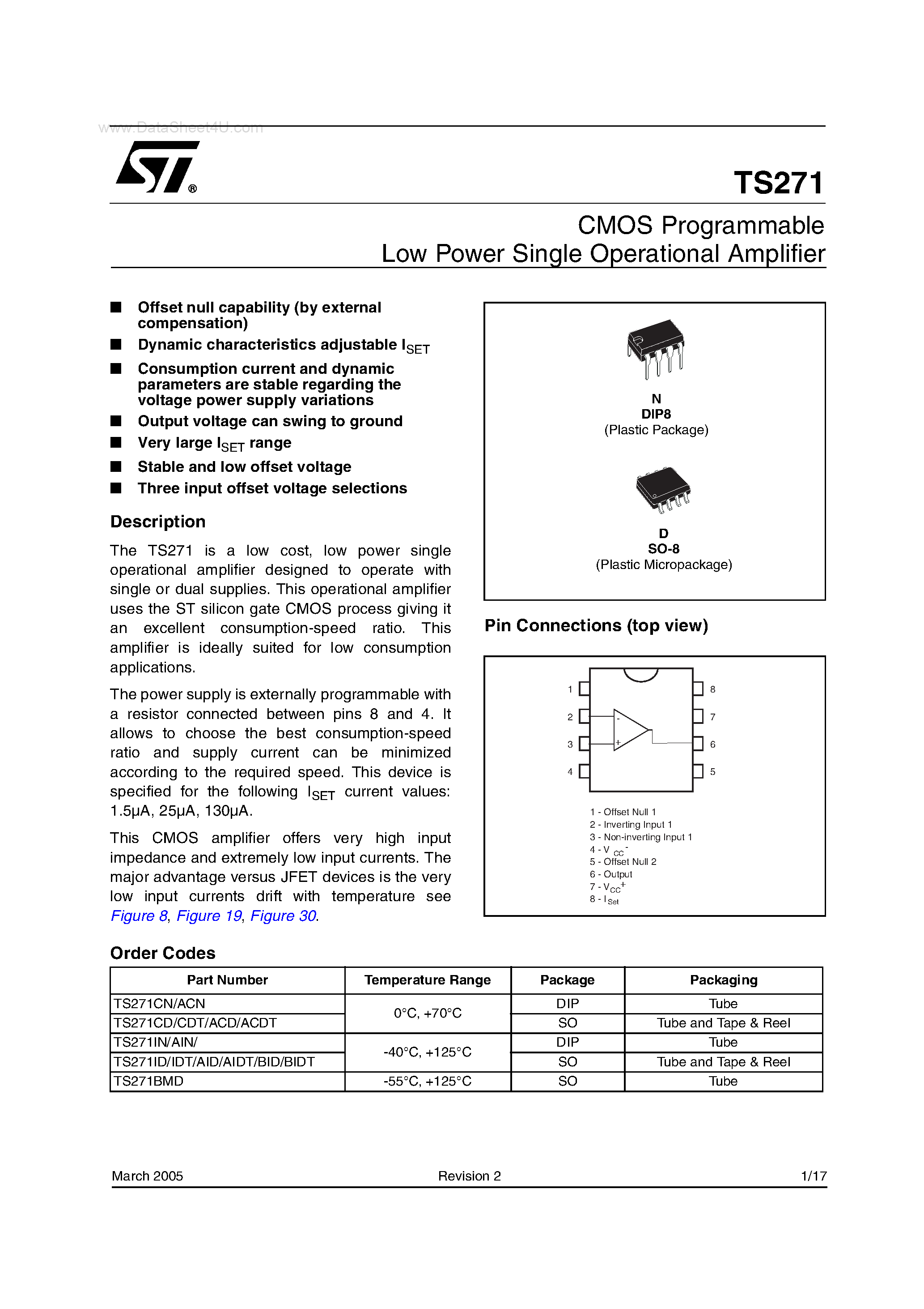 Datasheet TS271 page 1 Datasheet TS271 - CMOS Programmable Low Power Single Operational Amplifier page 1