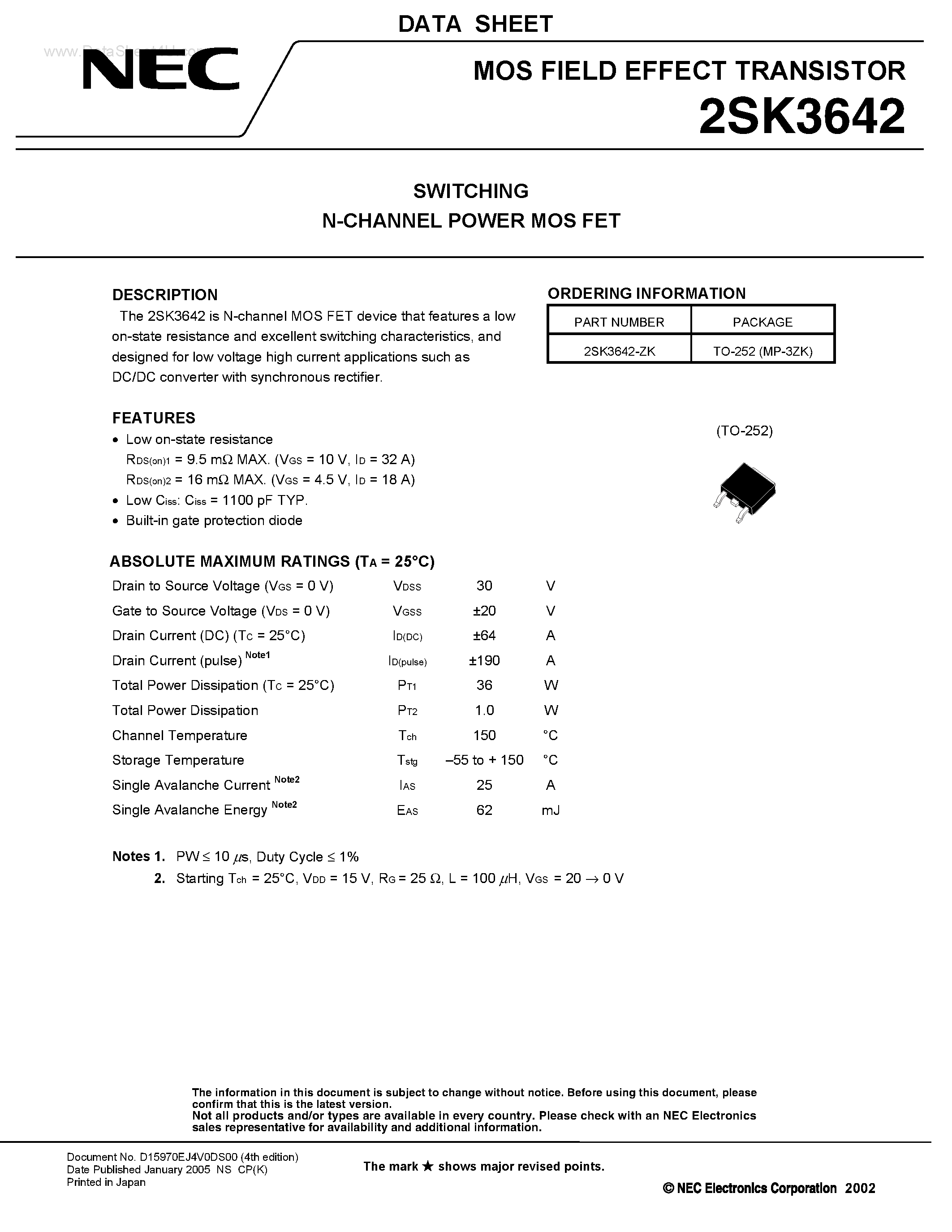 Datasheet 2SK3642 - SWITCHING N-CHANNEL POWER MOSFET page 1