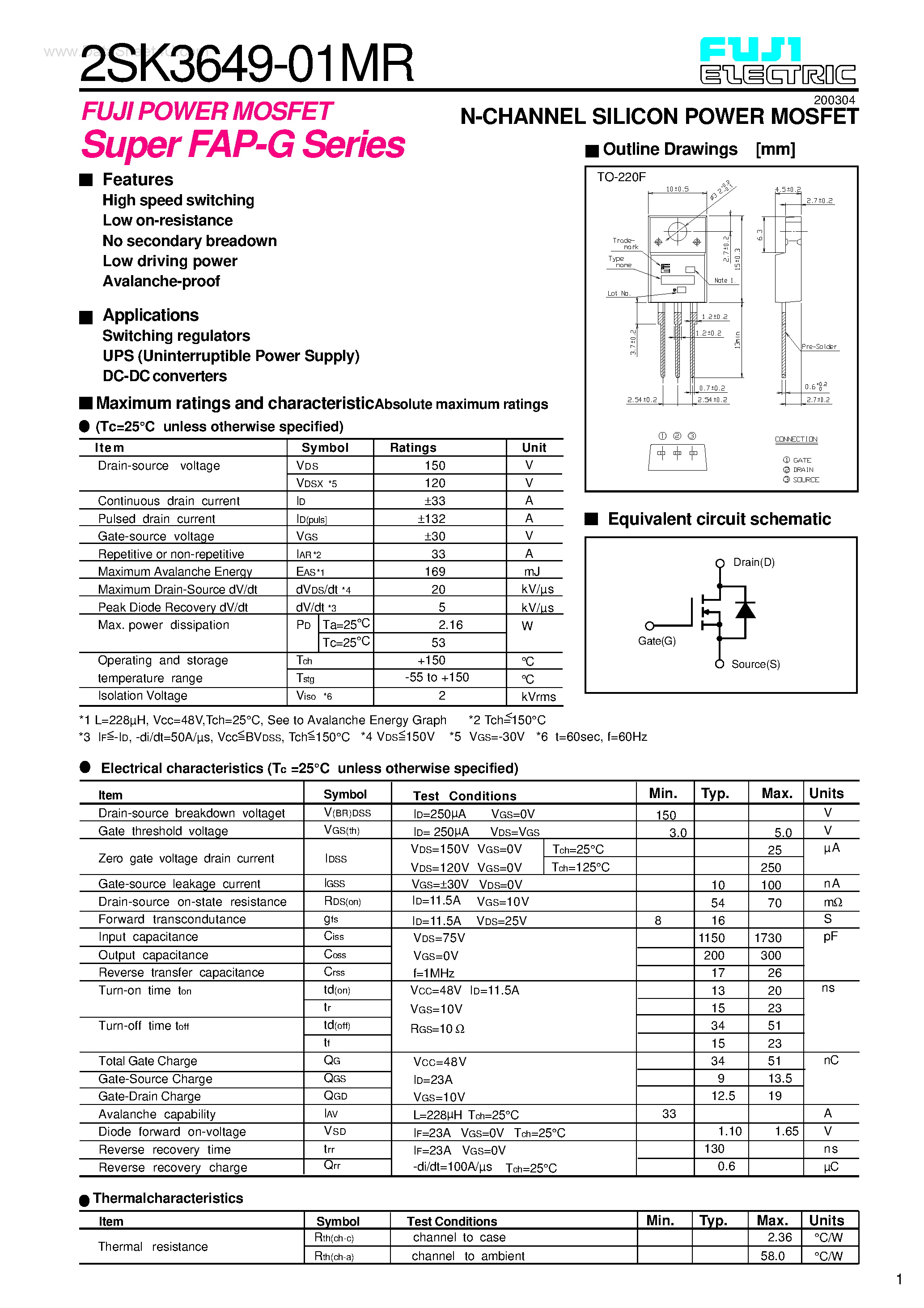 Datasheet 2SK3649-01MR - N-CHANNEL SILICON POWER MOSFET page 1