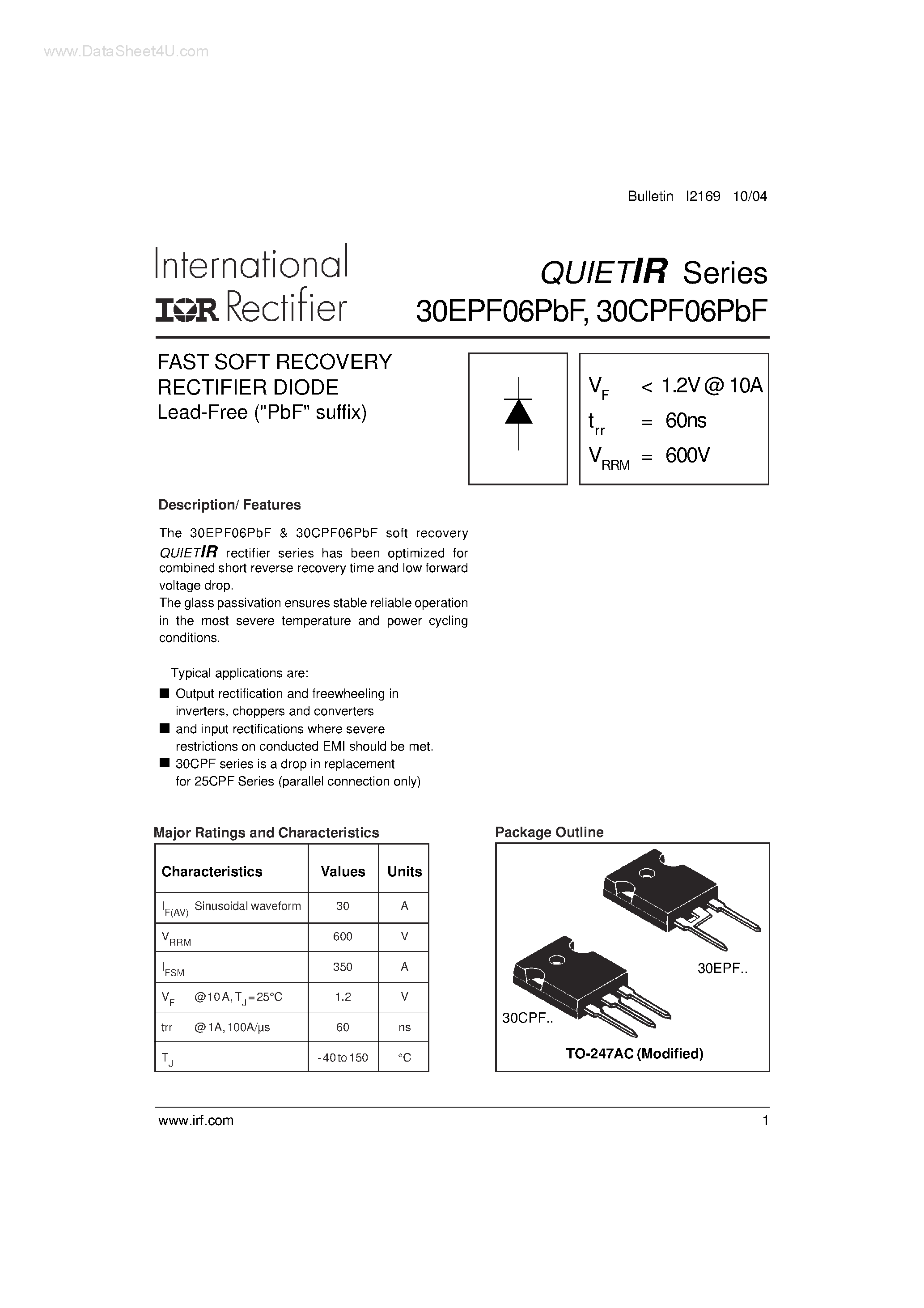 Datasheet 30CPF06PBF page 1 Datasheet 30CPF06PBF - FAST SOFT RECOVERY RECTIFIER DIODE page 1
