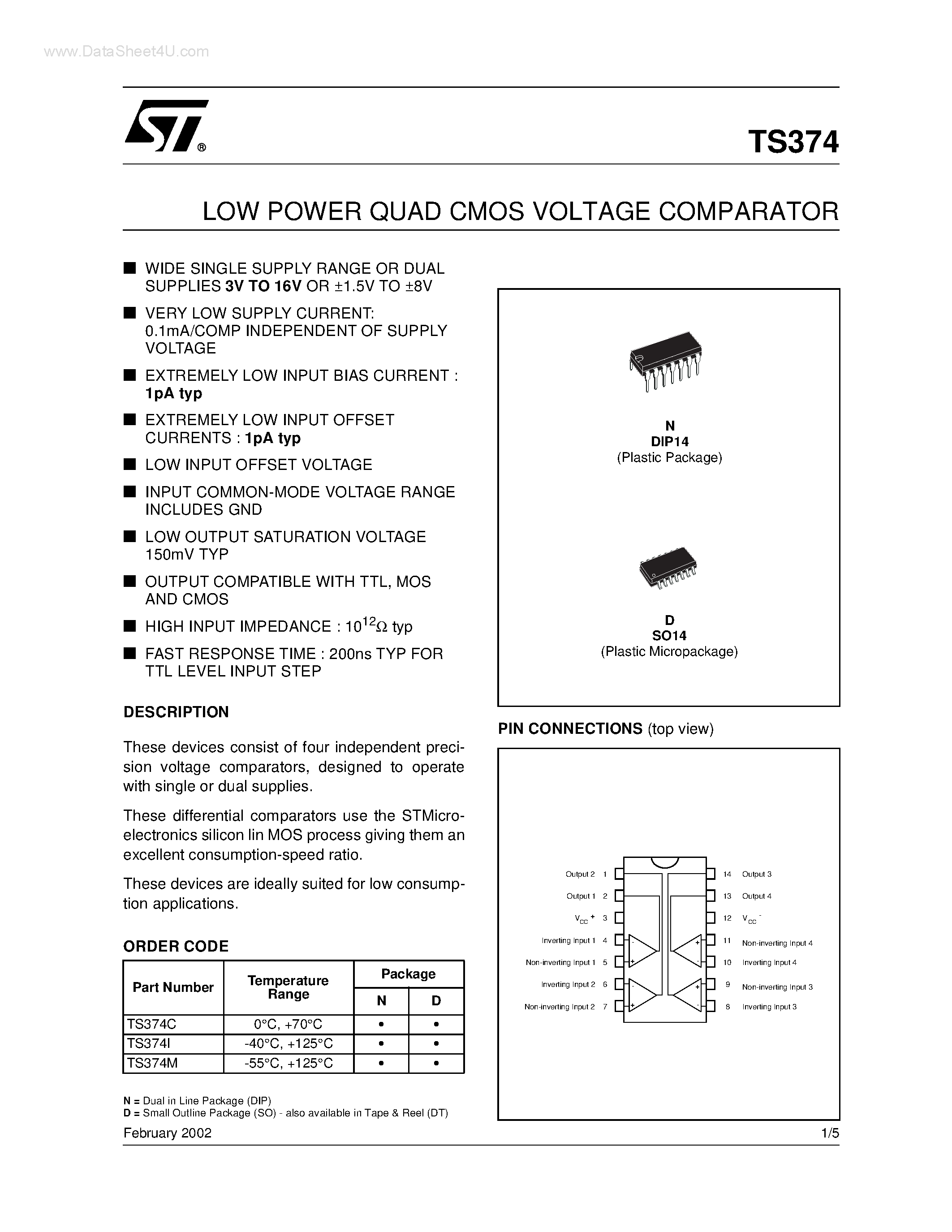 Даташит на микросхему TS374 страница 1 Даташит TS374 - LOW POWER QUAD CMOS VOLTAGE COMPARATOR страница 1