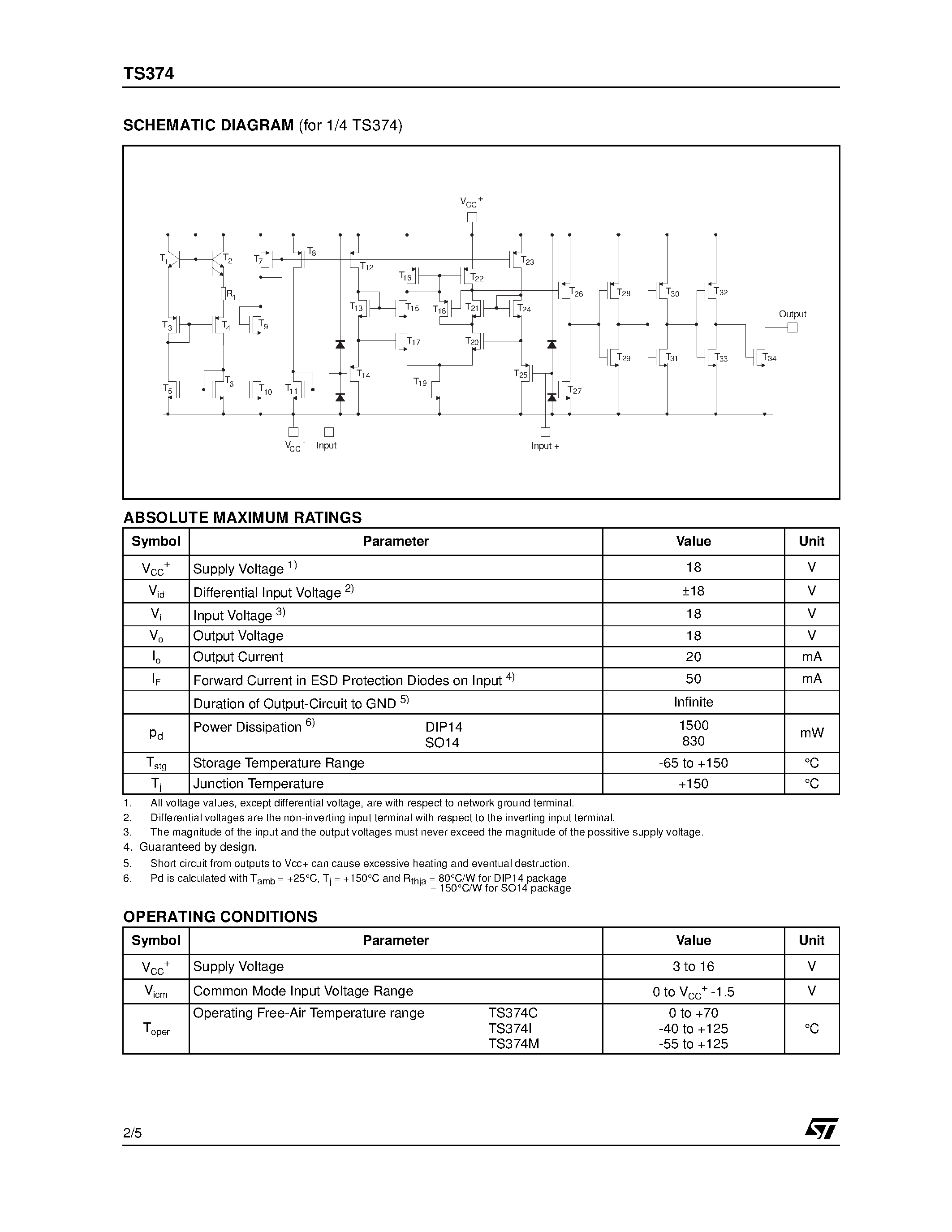 Datasheet TS374 - LOW POWER QUAD CMOS VOLTAGE COMPARATOR page 2