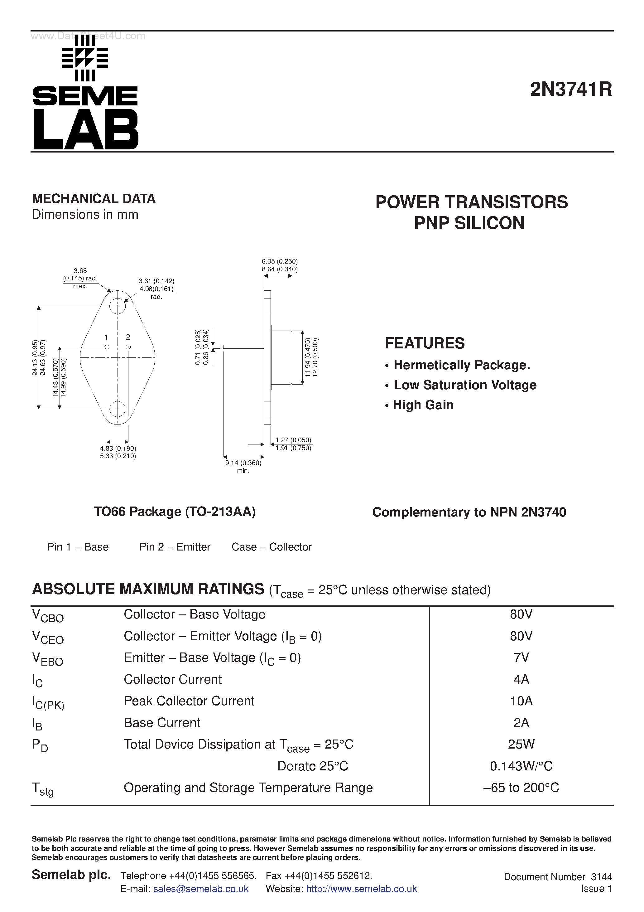 Datasheet 2N3741R page 1 Datasheet 2N3741R - POWER TRANSISTORS PNP SILICON page 1