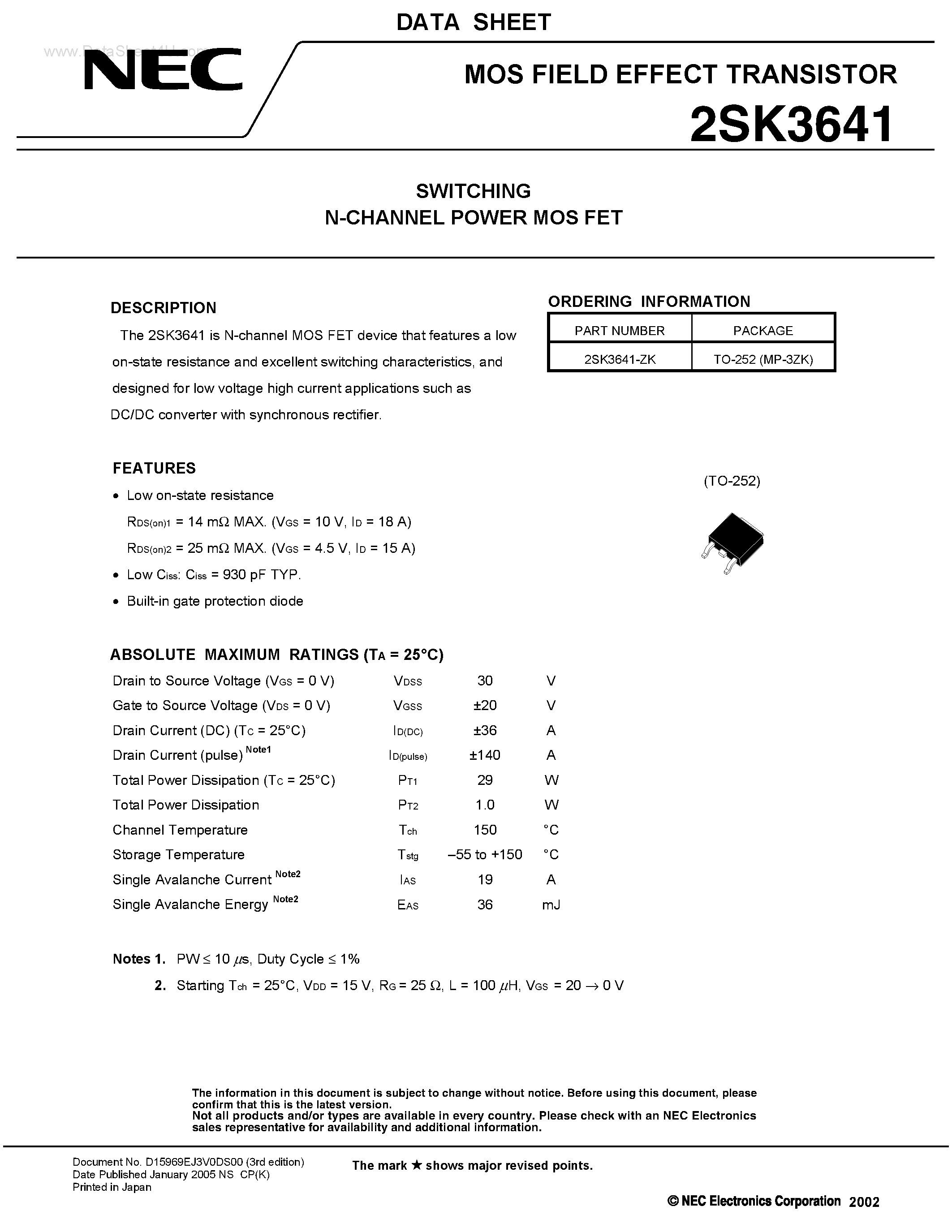 Datasheet 2SK3641 - SWITCHING N-CHANNEL POWER MOSFET page 1