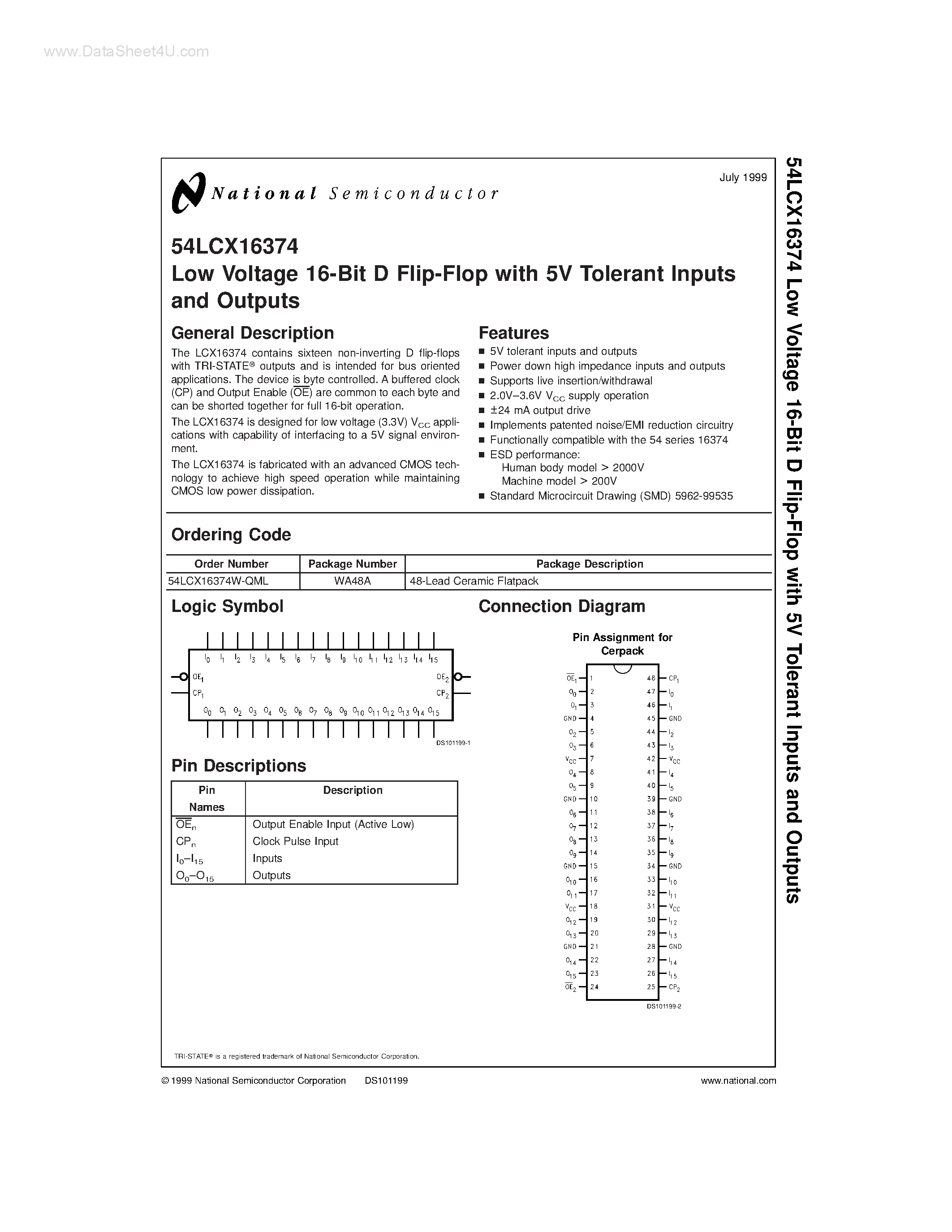 Datasheet 54LCX16374 - Low Voltage 16-Bit D Flip-Flop page 1