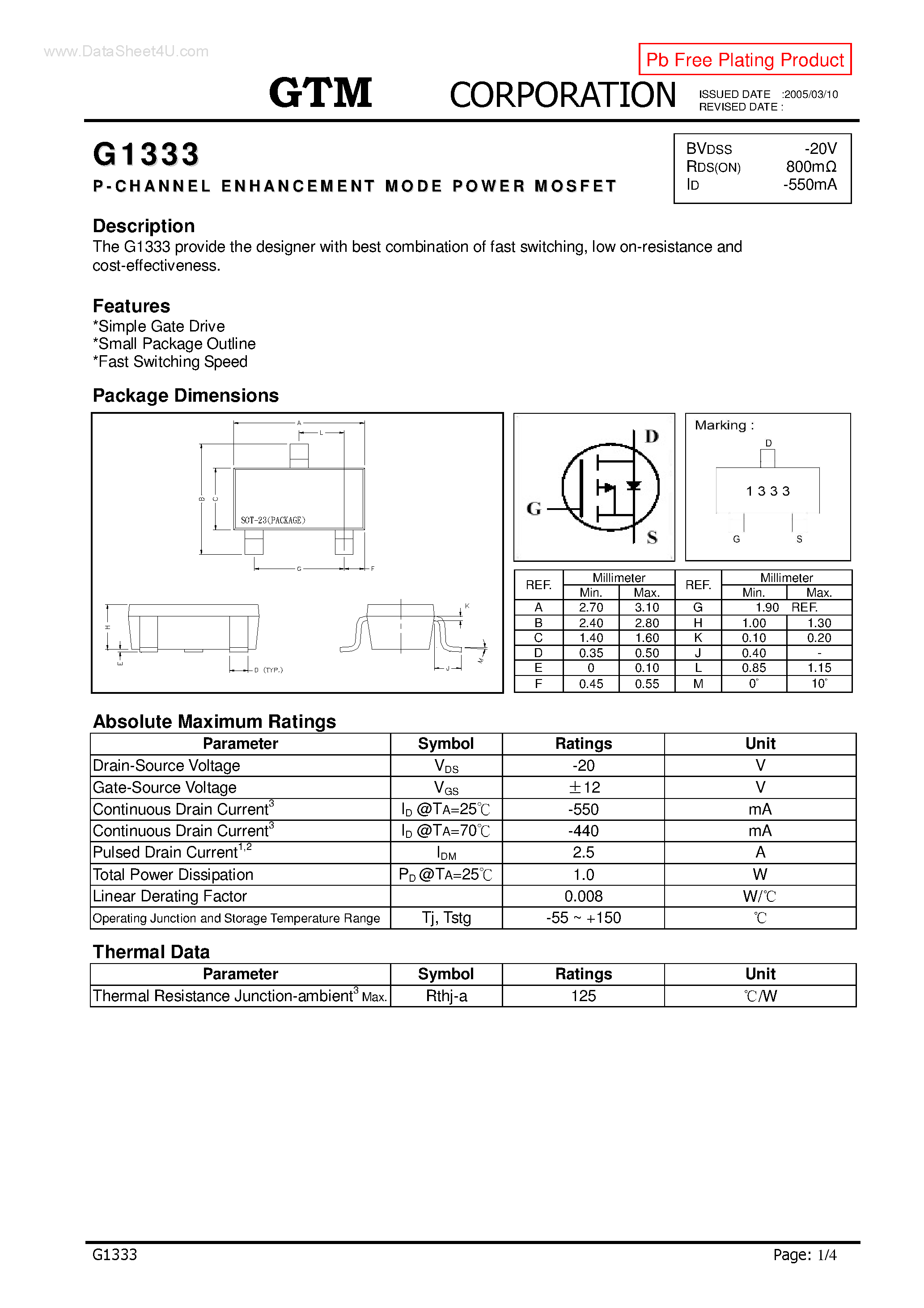 Datasheet G1333 page 1 Datasheet G1333 - P-CHANNEL ENHANCEMENT MODE POWER MOSFET page 1