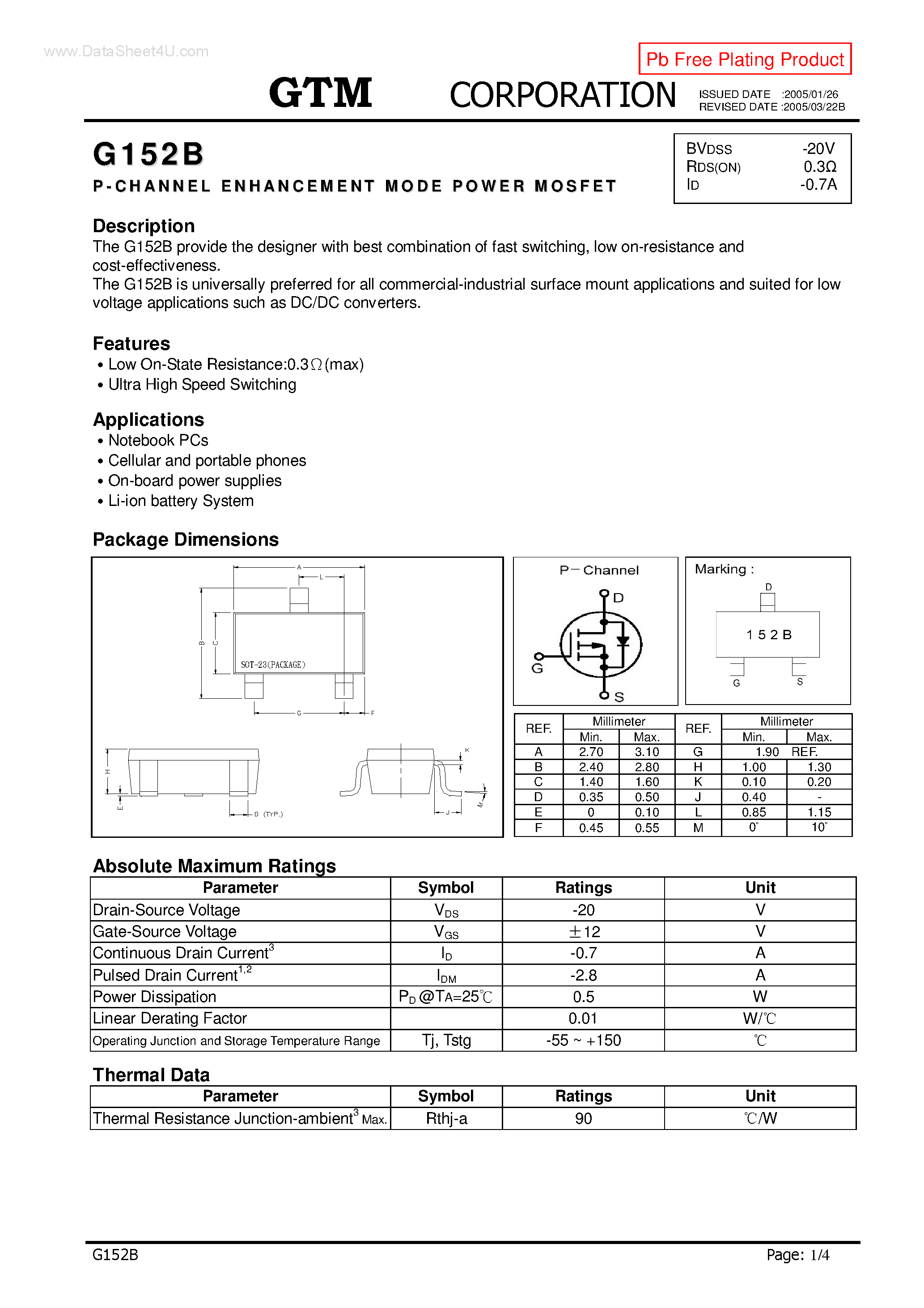 Datasheet G152B page 1 Datasheet G152B - P-CHANNEL ENHANCEMENT MODE POWER MOSFET page 1