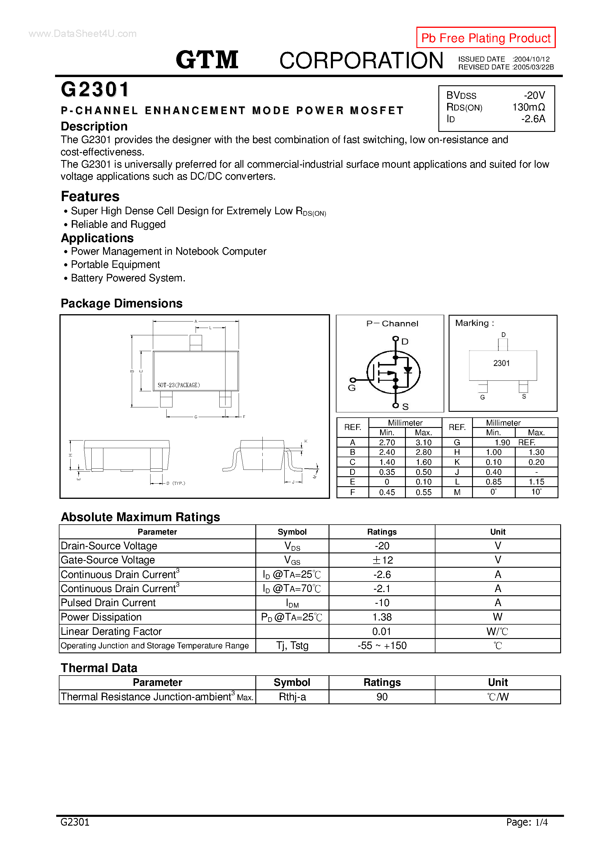 Datasheet G2301 page 1 Datasheet G2301 - P-CHANNEL ENHANCEMENT MODE POWER MOSFET page 1