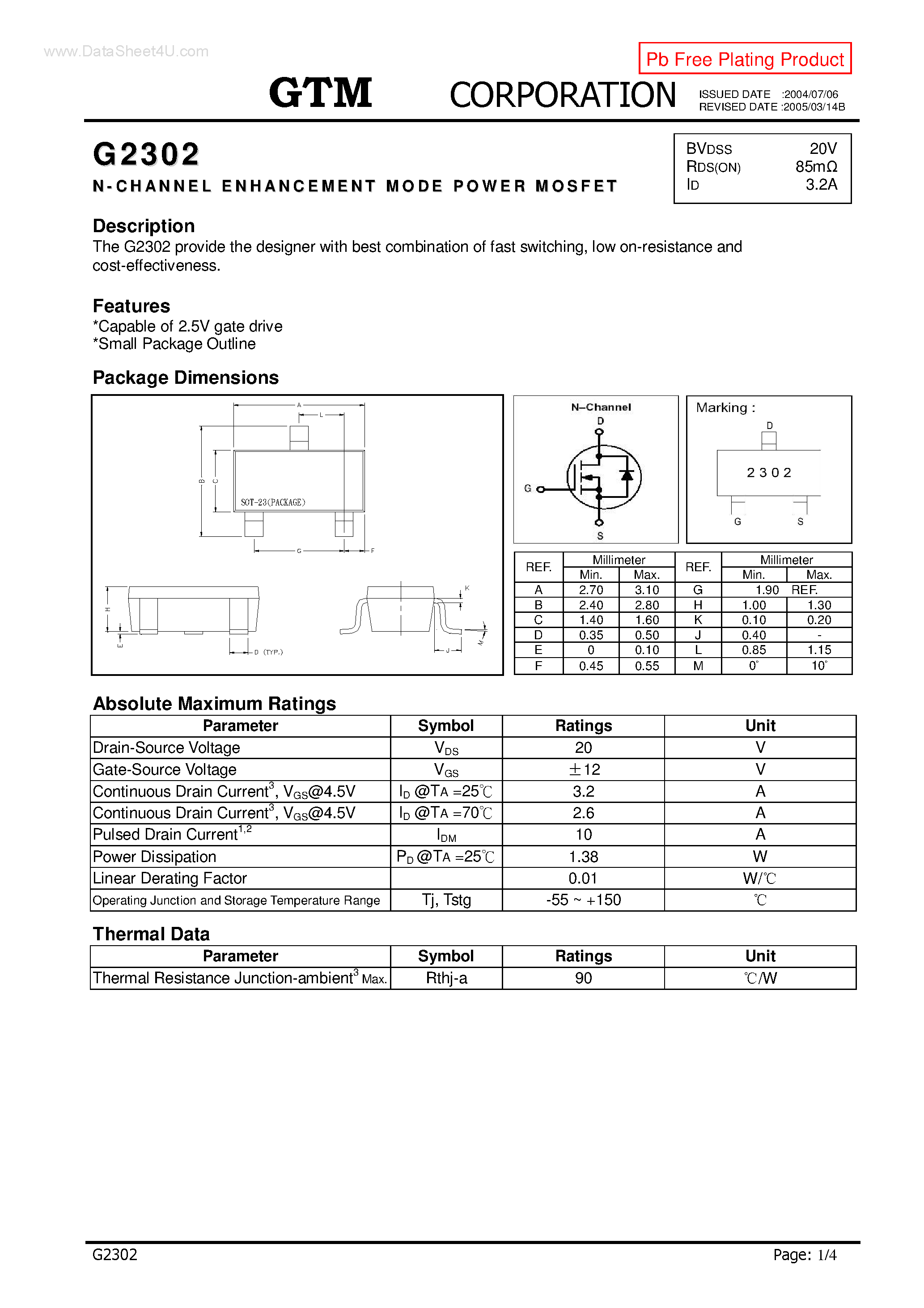 Datasheet G2302 - N-CHANNEL ENHANCEMENT MODE POWER MOSFET page 1