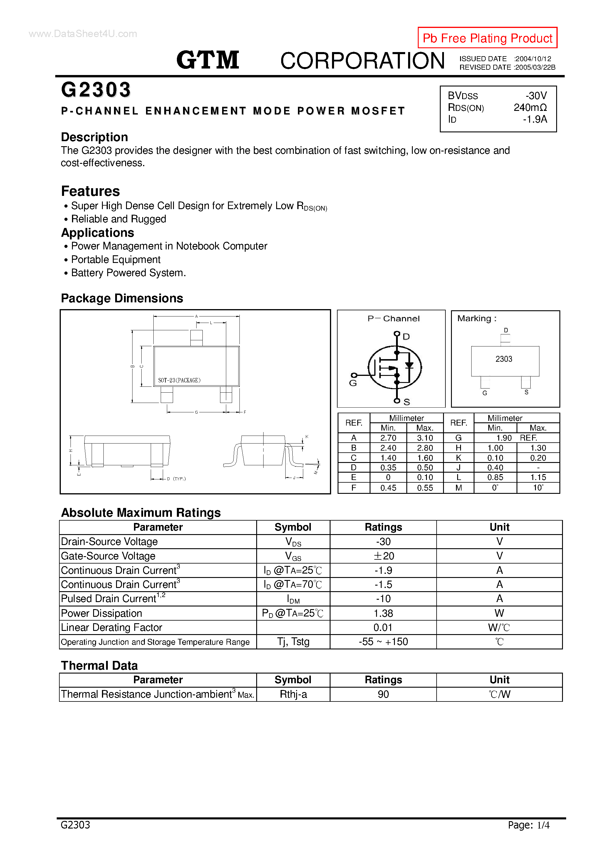Datasheet G2303 page 1 Datasheet G2303 - P-CHANNEL ENHANCEMENT MODE POWER MOSFET page 1