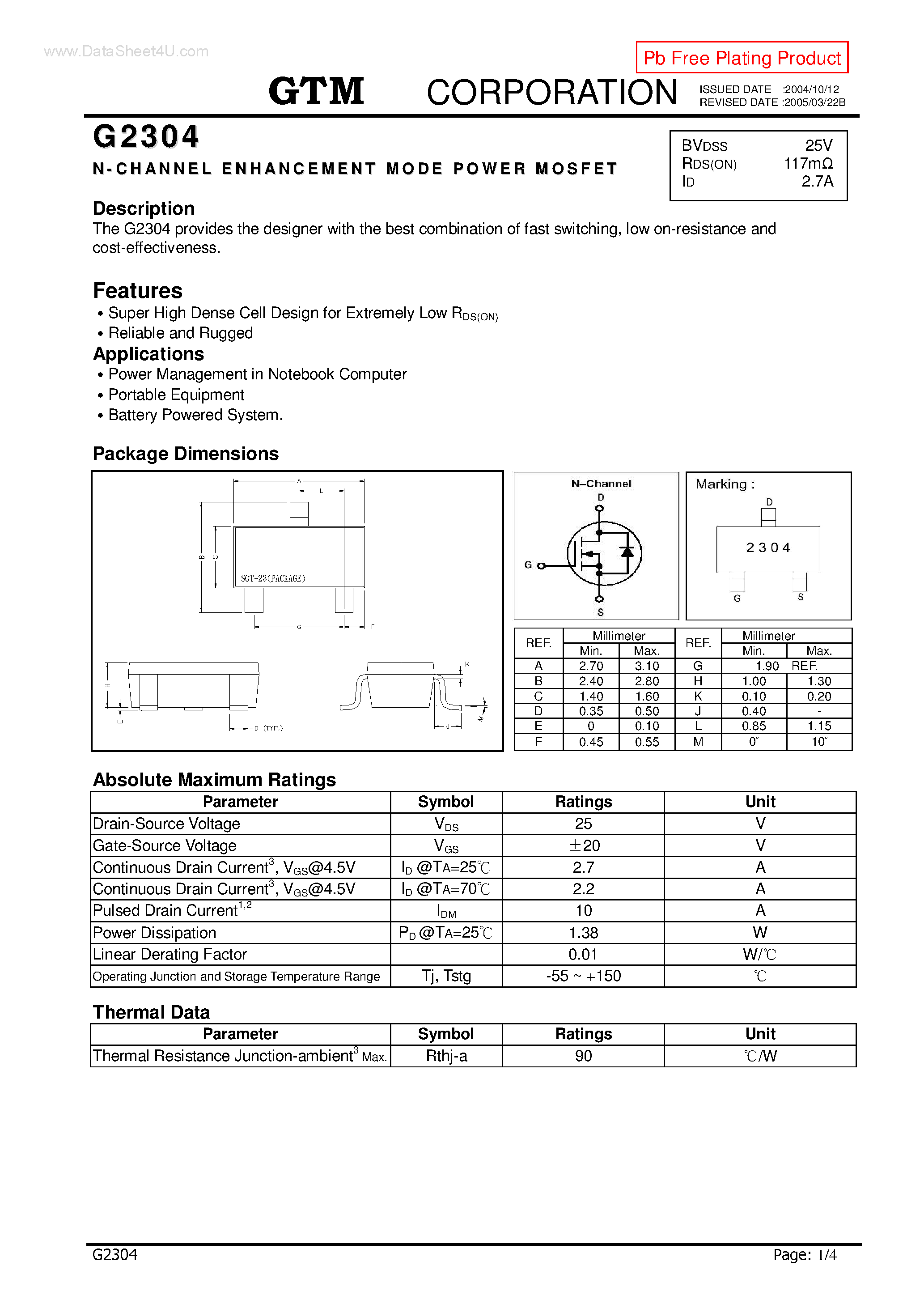 Datasheet G2304 - N-CHANNEL ENHANCEMENT MODE POWER MOSFET page 1