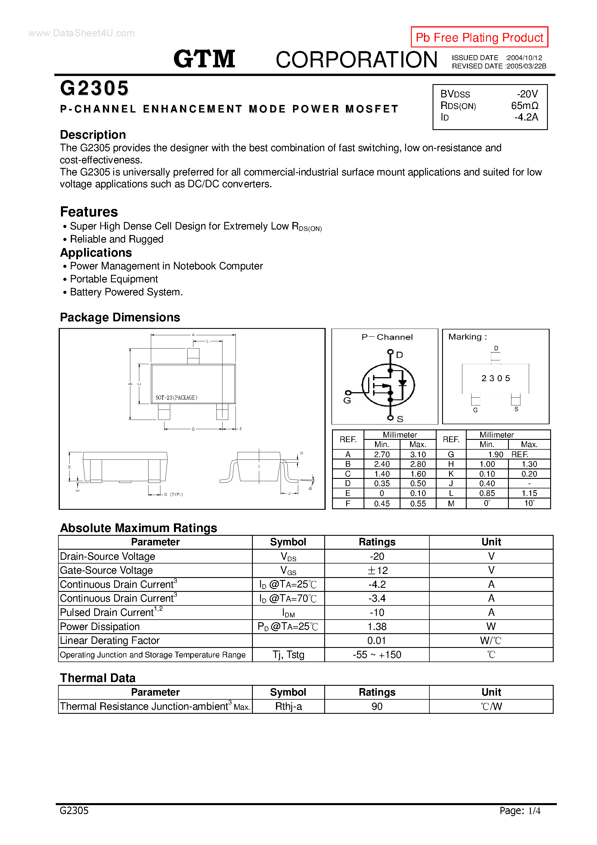 Datasheet G2305 page 1 Datasheet G2305 - P-CHANNEL ENHANCEMENT MODE POWER MOSFET page 1