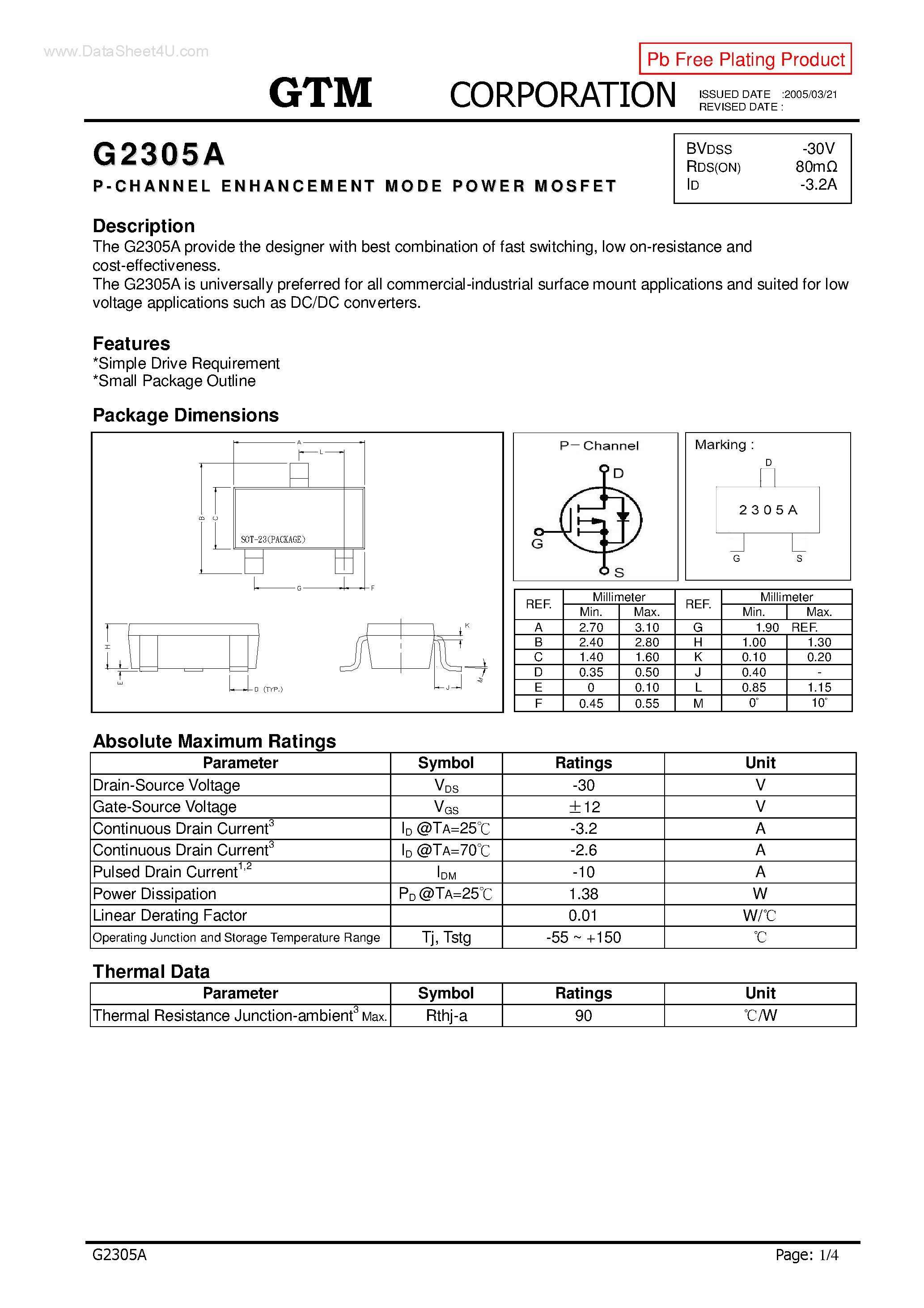 Datasheet G2305A page 1 Datasheet G2305A - P-CHANNEL ENHANCEMENT MODE POWER MOSFET page 1