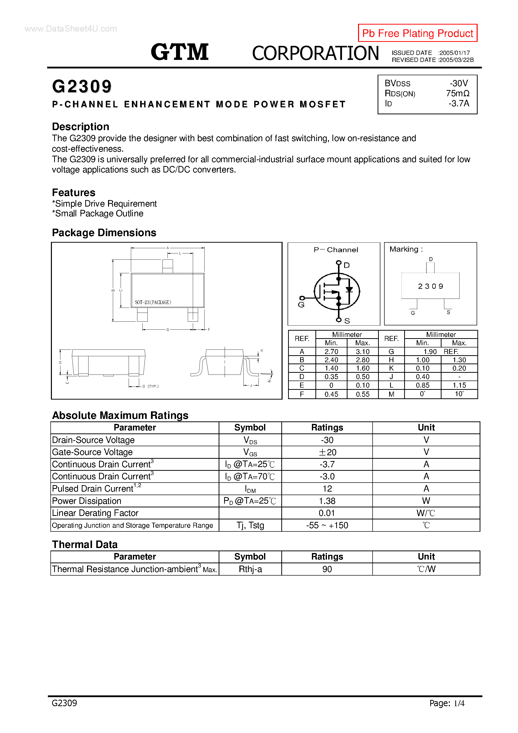 Datasheet G2309 page 1 Datasheet G2309 - P-CHANNEL ENHANCEMENT MODE POWER MOSFET page 1