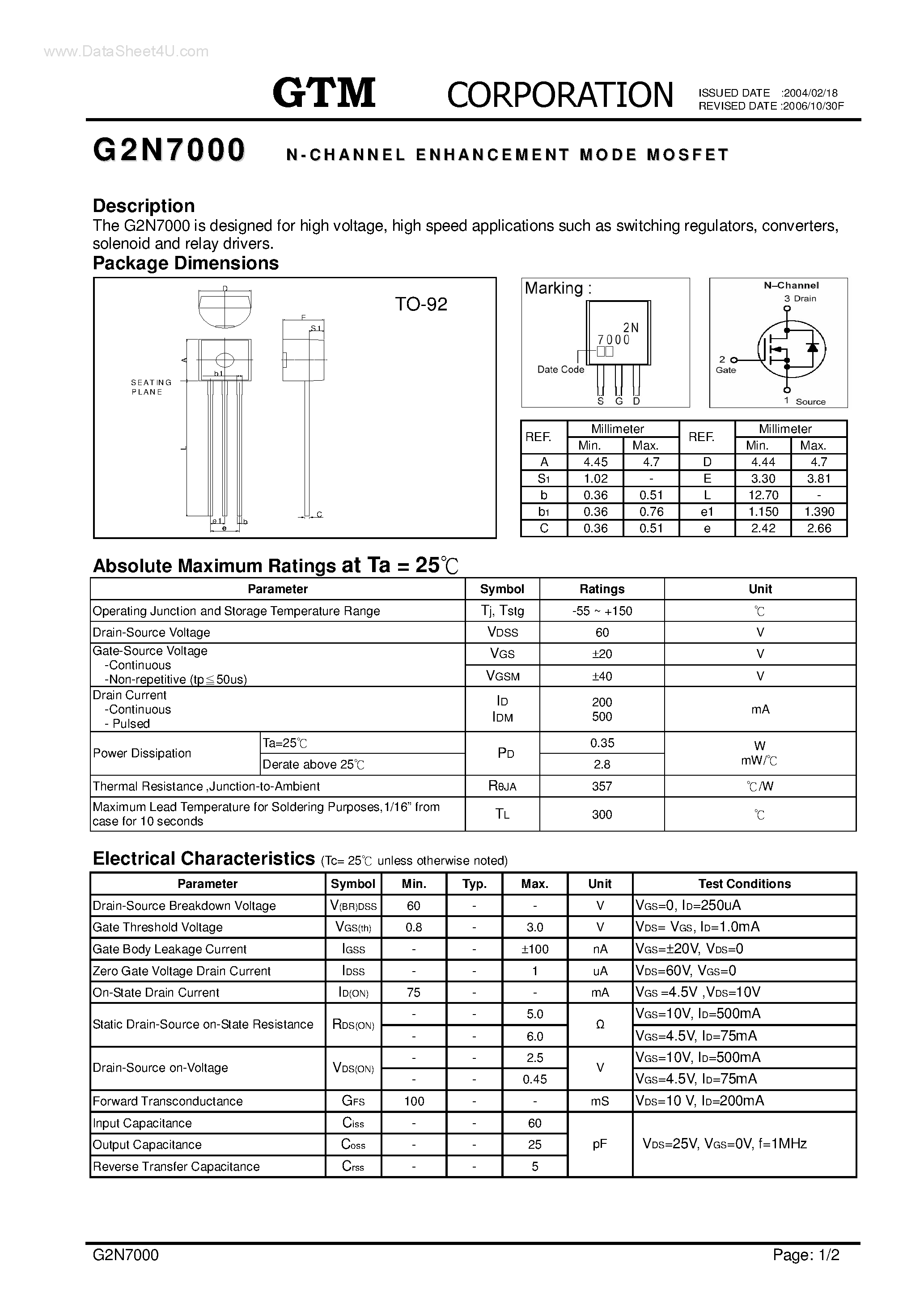 Datasheet G2N7000 page 1 Datasheet G2N7000 - N-CHANNEL ENHANCEMENT MODE MOSFET page 1