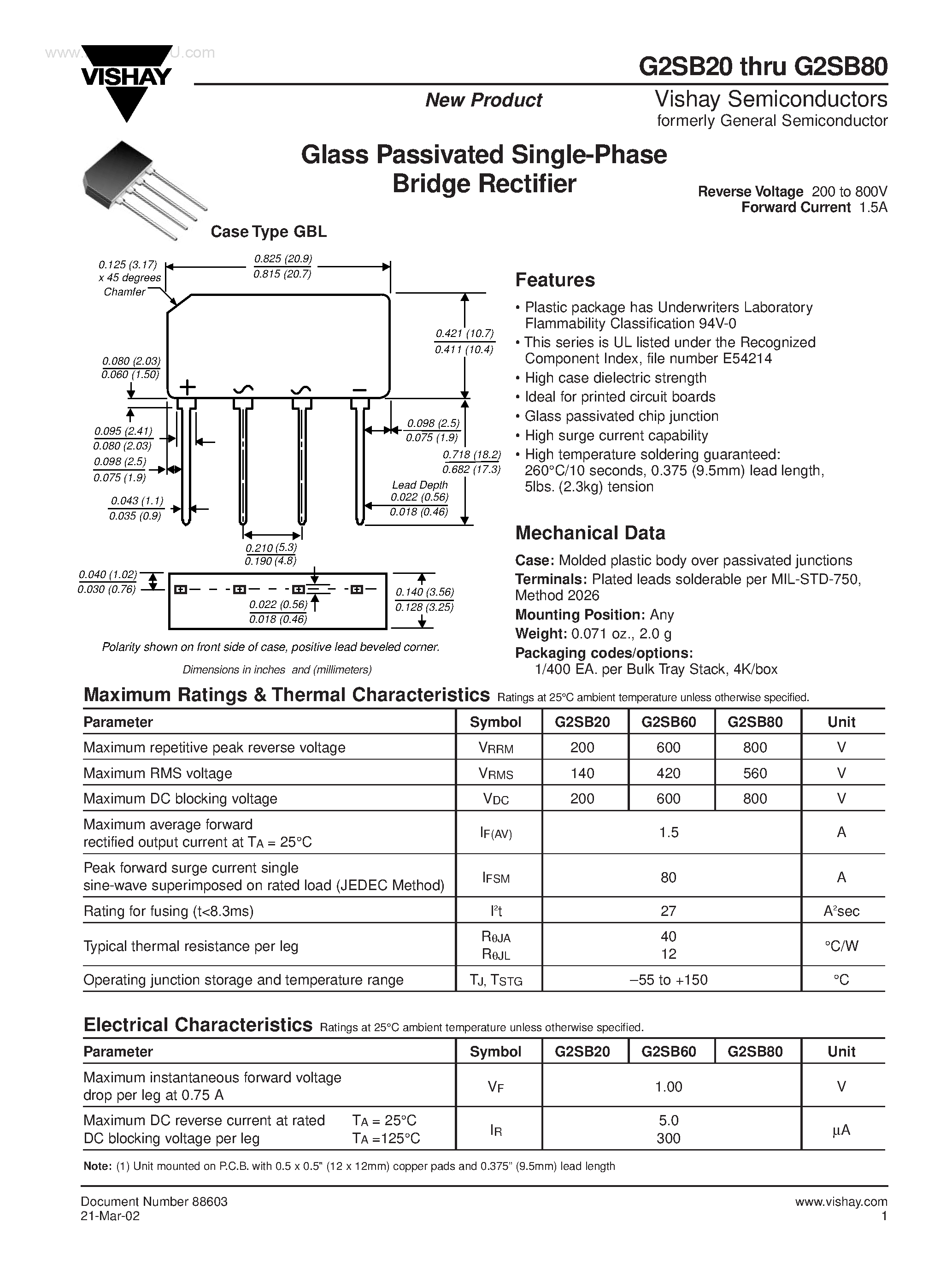Datasheet G2SB60 page 1 Datasheet G2SB60 - Glass Passivated Single-Phase Bridge Rectifier page 1