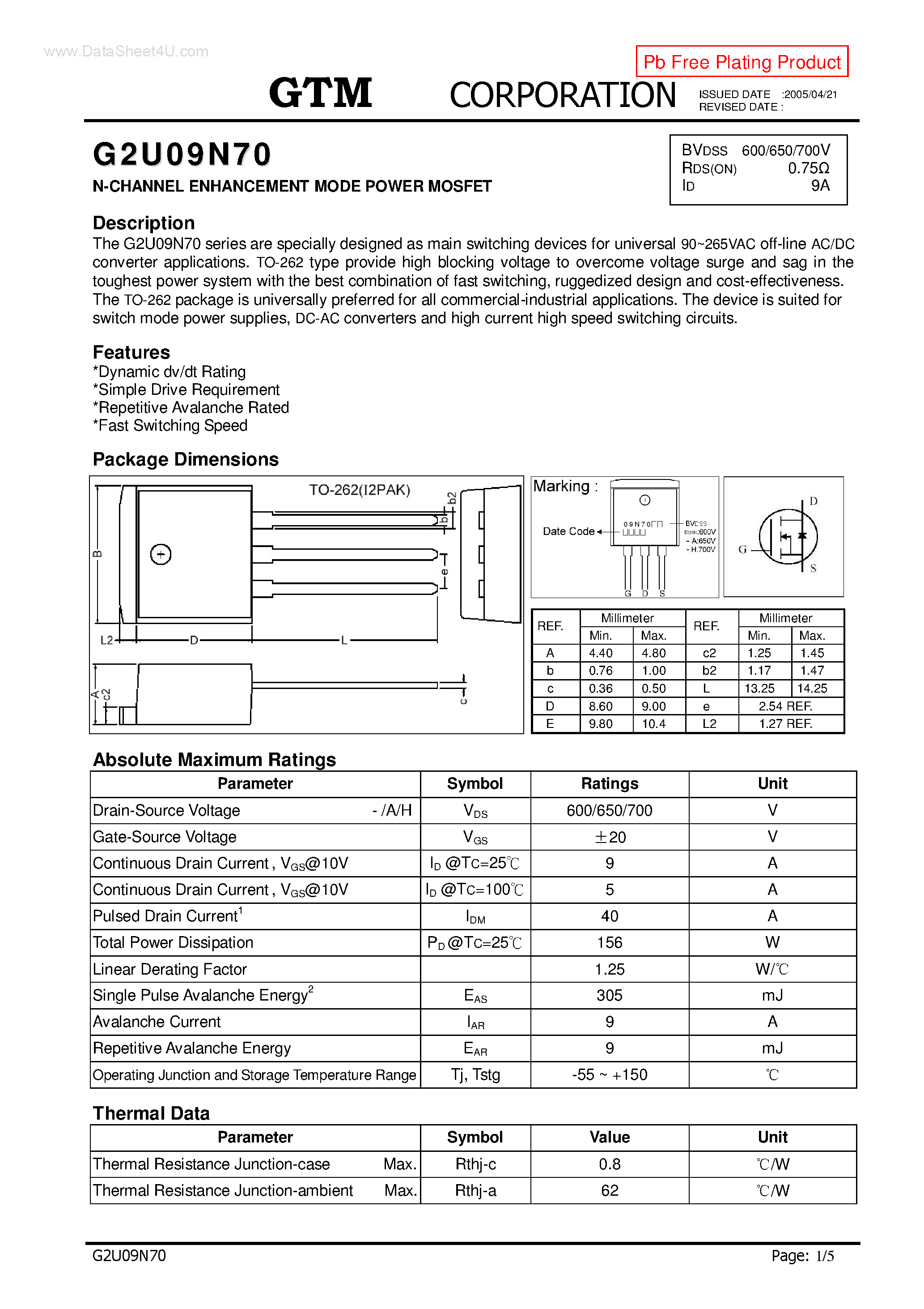 Datasheet G2U09N70 page 1 Datasheet G2U09N70 - N-CHANNEL ENHANCEMENT MODE POWER MOSFET page 1