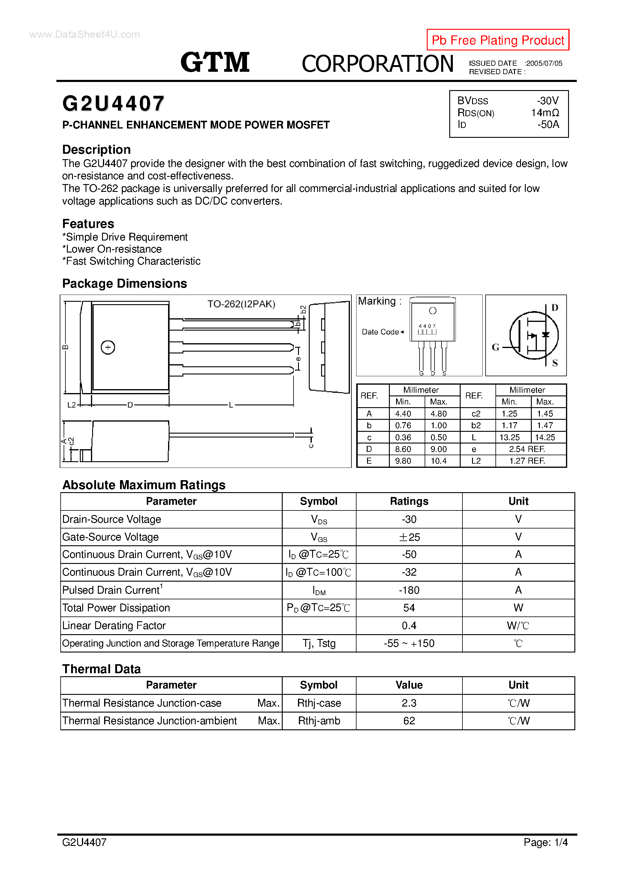 Datasheet G2U4407 - P-CHANNEL ENHANCEMENT MODE POWER MOSFET page 1