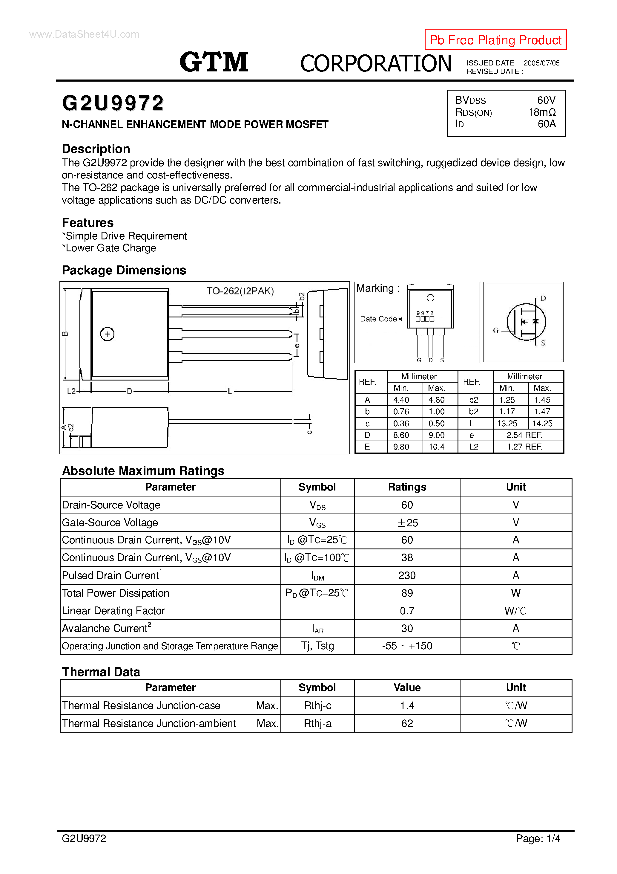 Datasheet G2U9972 - N-CHANNEL ENHANCEMENT MODE POWER MOSFET page 1