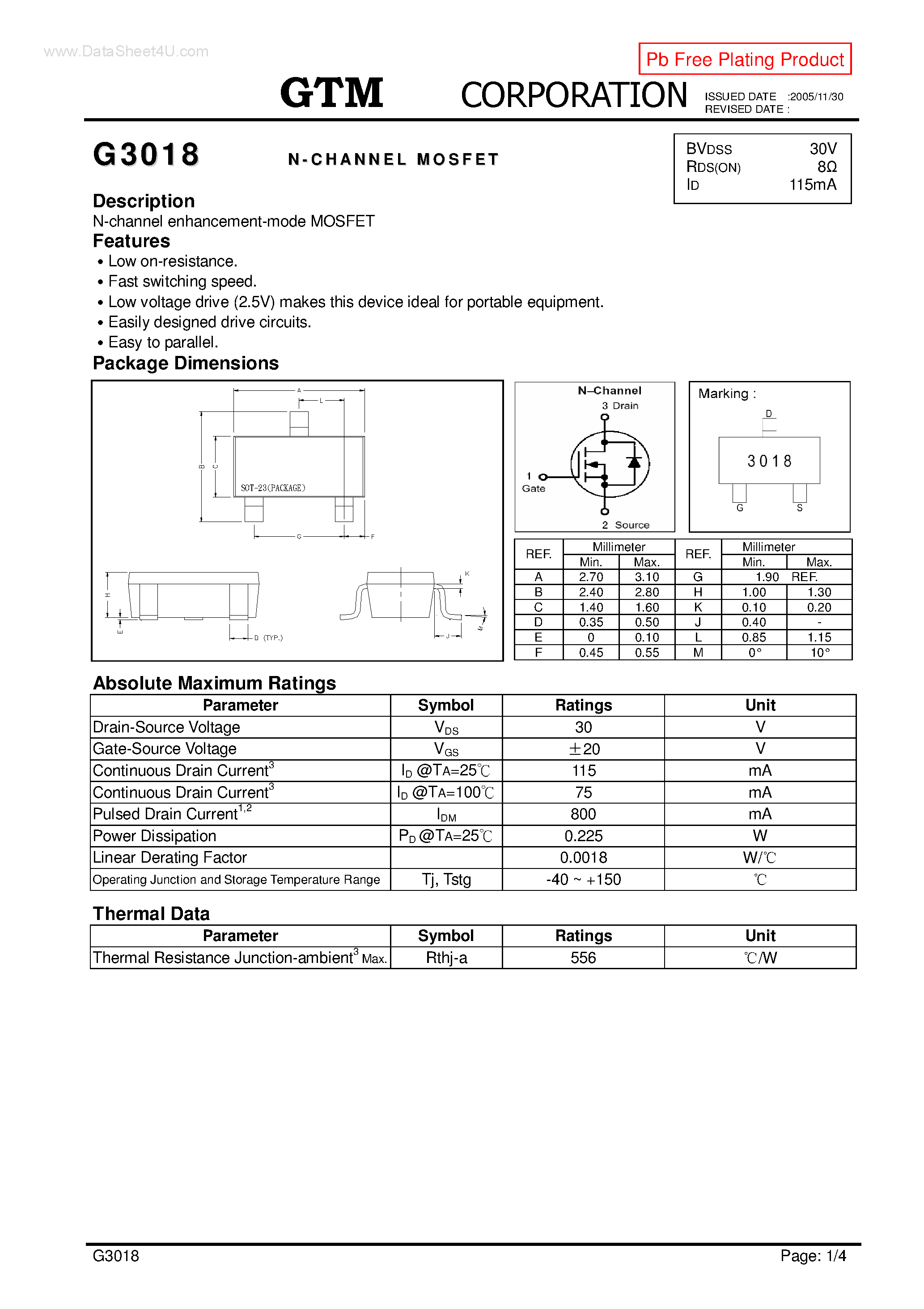 Datasheet G3018 page 1 Datasheet G3018 - N-CHANNEL MOSFET page 1