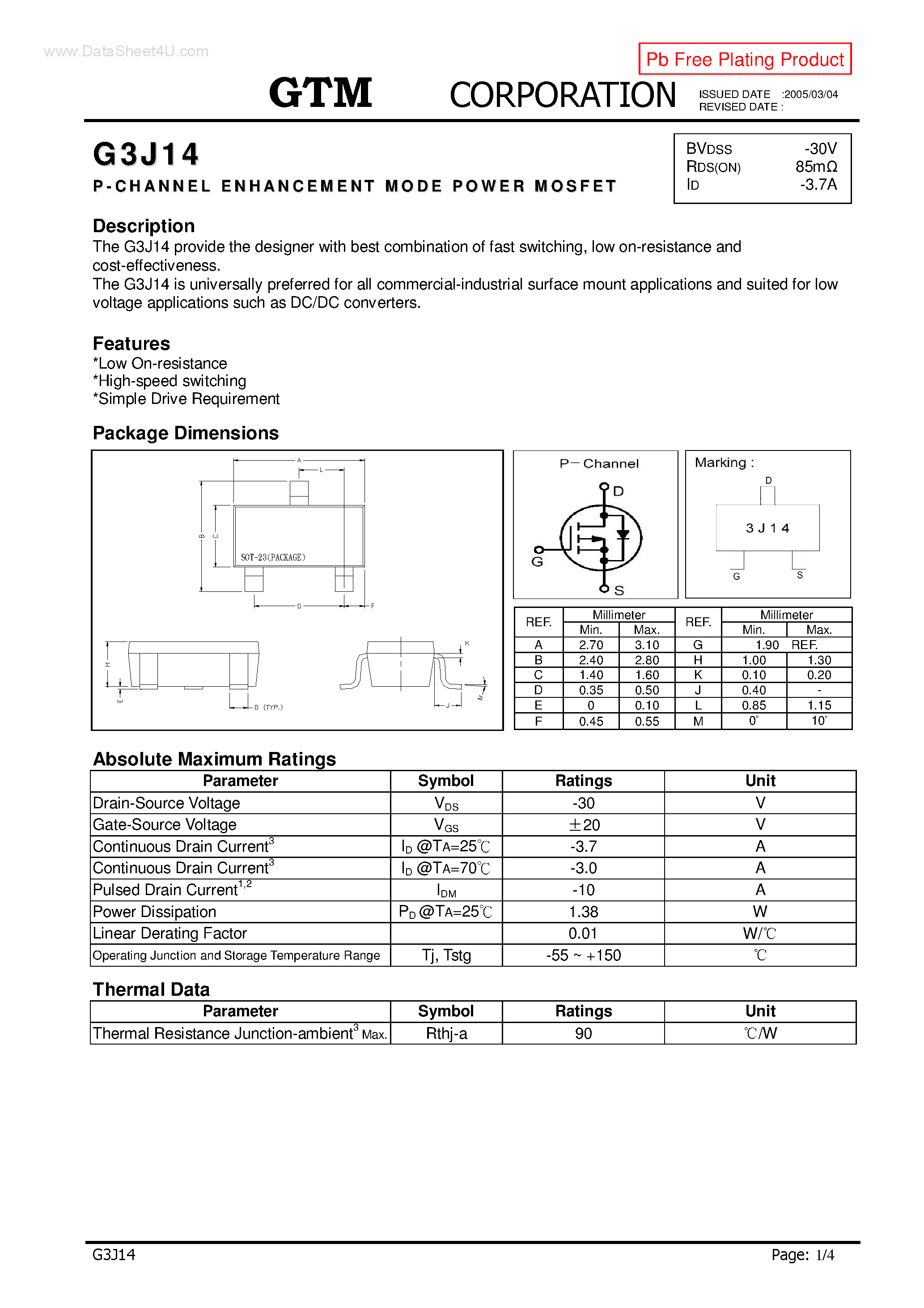 Datasheet G3J14 - P-CHANNEL ENHANCEMENT MODE POWER MOSFET page 1