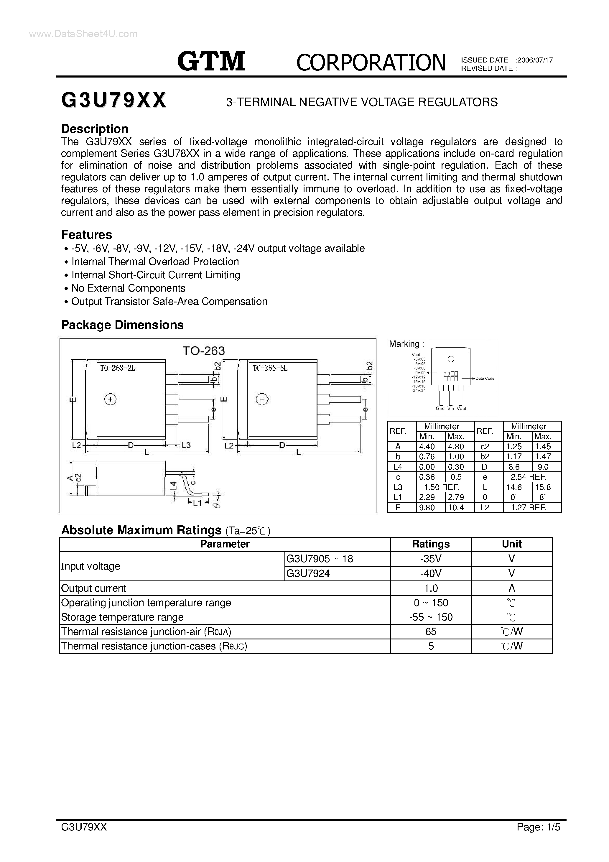 Datasheet G3U7905 - (G3U79XX) 3-TERMINAL NEGATIVE VOLTAGE REGULATORS page 1