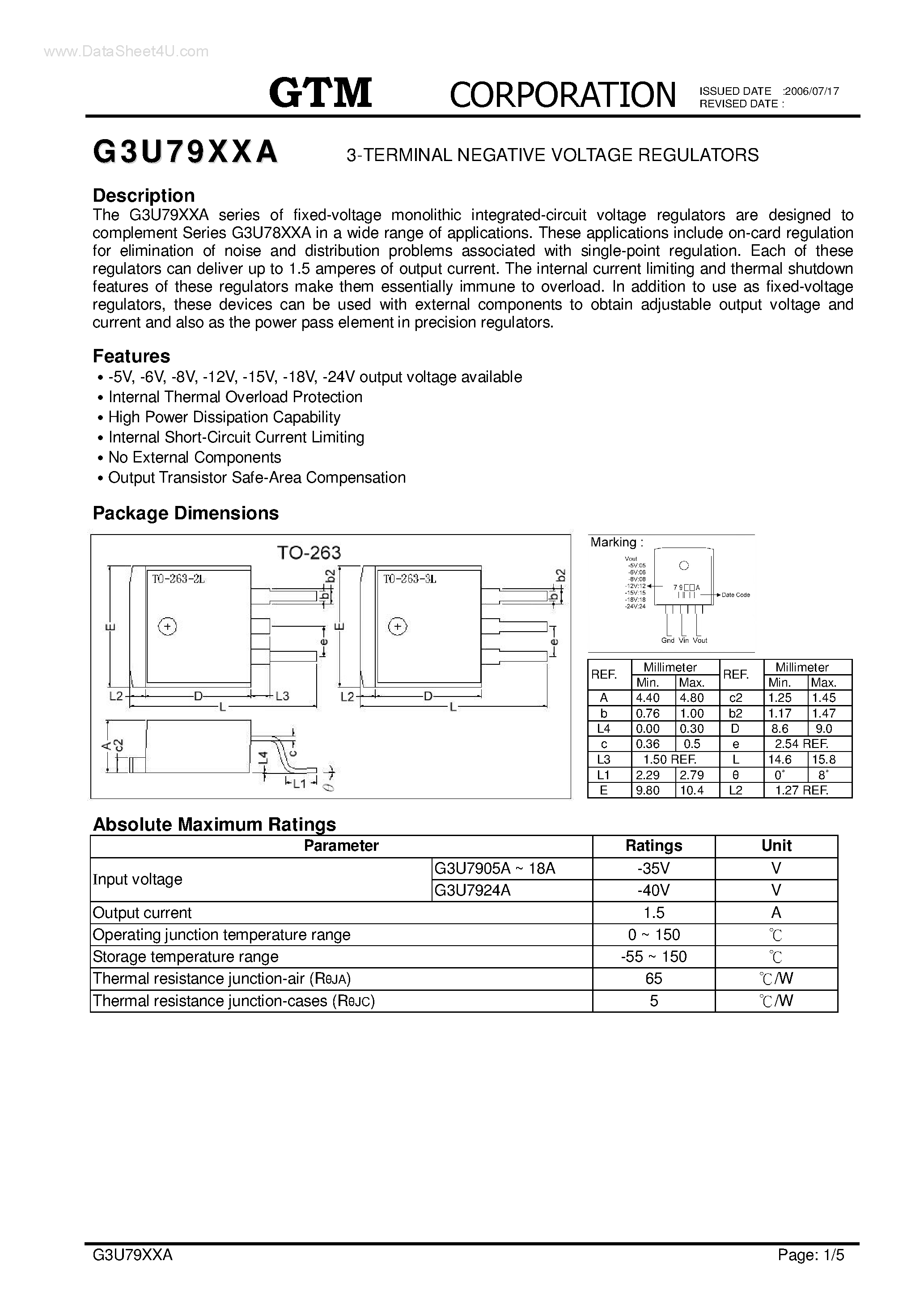 Datasheet G3U7905A - (G3U79XXA) 3-TERMINAL NEGATIVE VOLTAGE REGULATORS page 1