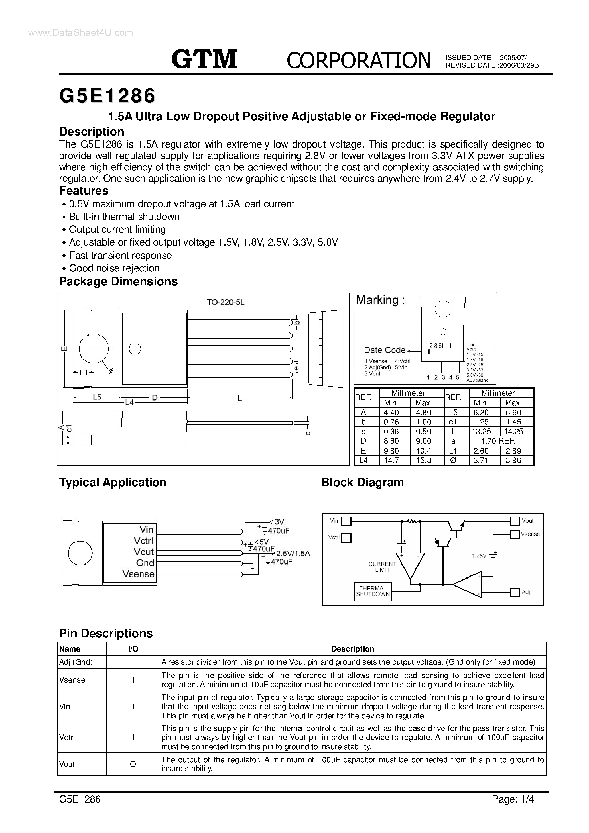Даташит на микросхему G5E1286 страница 1 Даташит G5E1286 - 1.5A Ultra Low Dropout Positive Adjustable or Fixed-mode Regulator страница 1