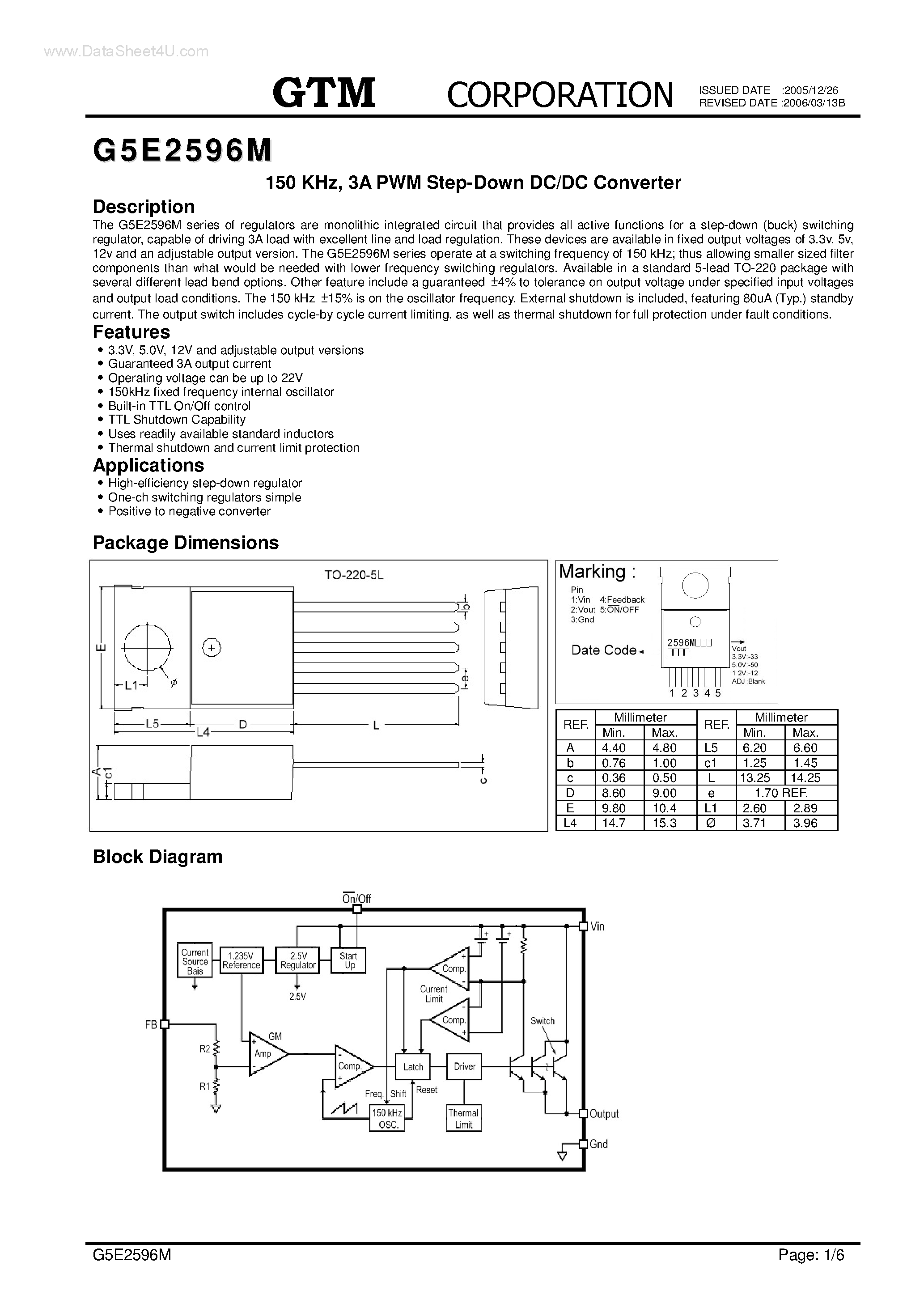 Даташит на микросхему G5E2596M страница 1 Даташит G5E2596M - 3A PWM Step-Down DC/DC Converter страница 1