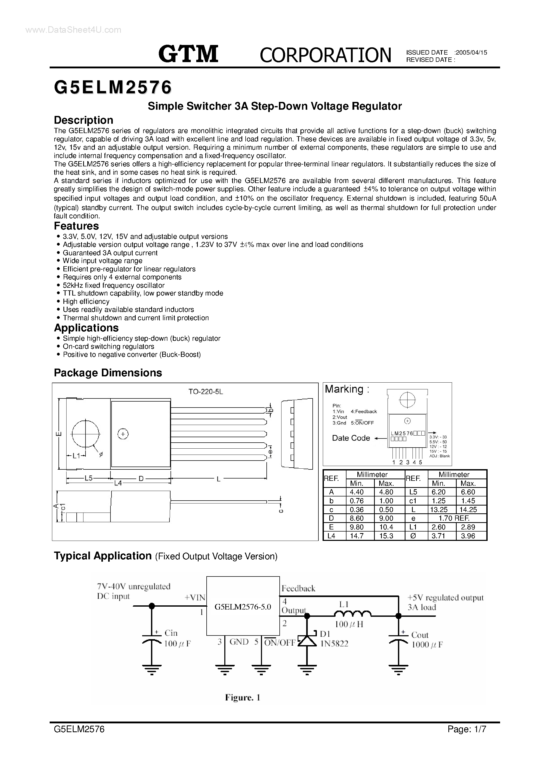Даташит на микросхему G5ELM2576 страница 1 Даташит G5ELM2576 - Simple Switcher 3A Step-Down Voltage Regulator страница 1