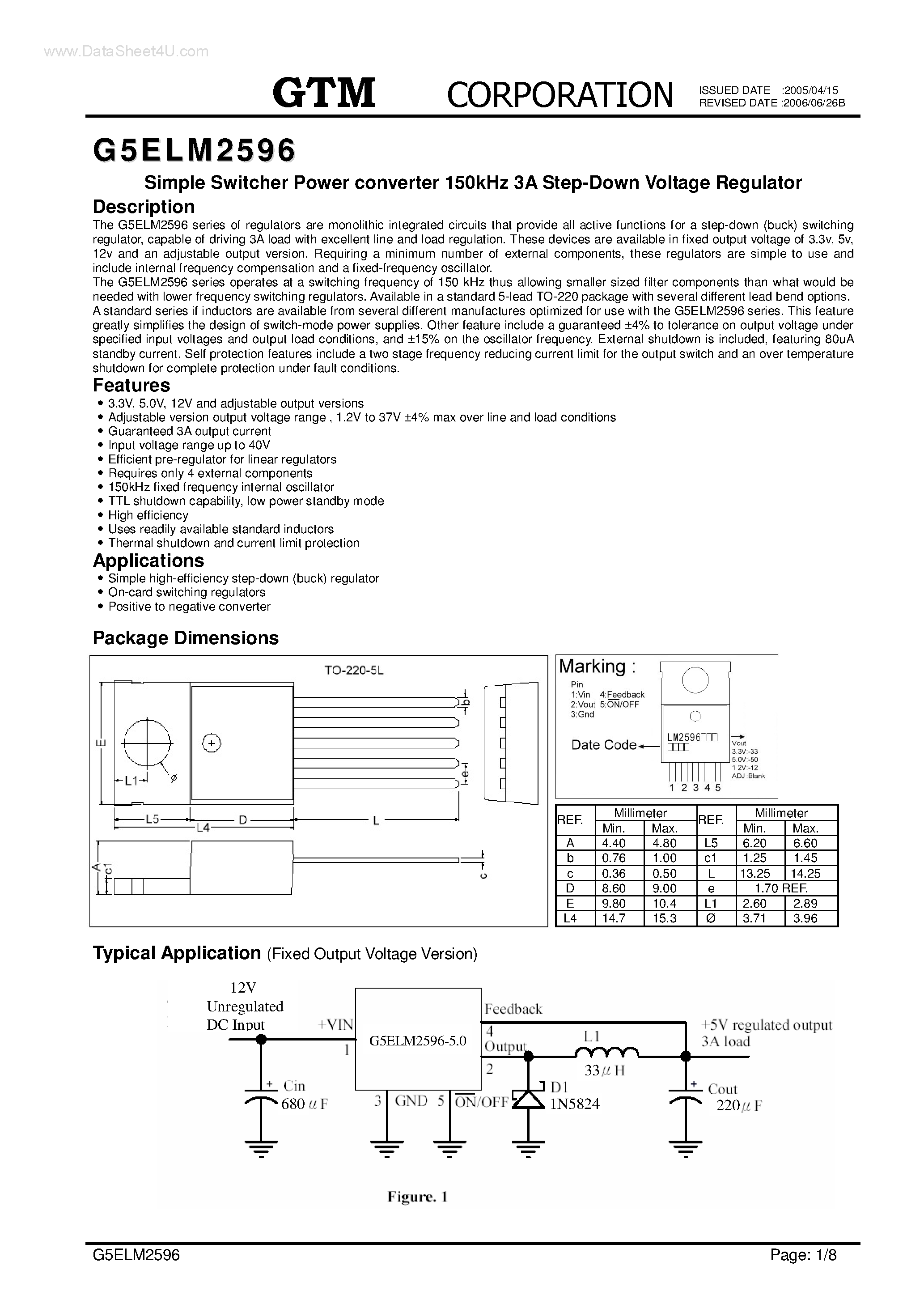Даташит G5ELM2596 - Simple Switcher Power converter 150kHz 3A Step-Down Voltage Regulator страница 1
