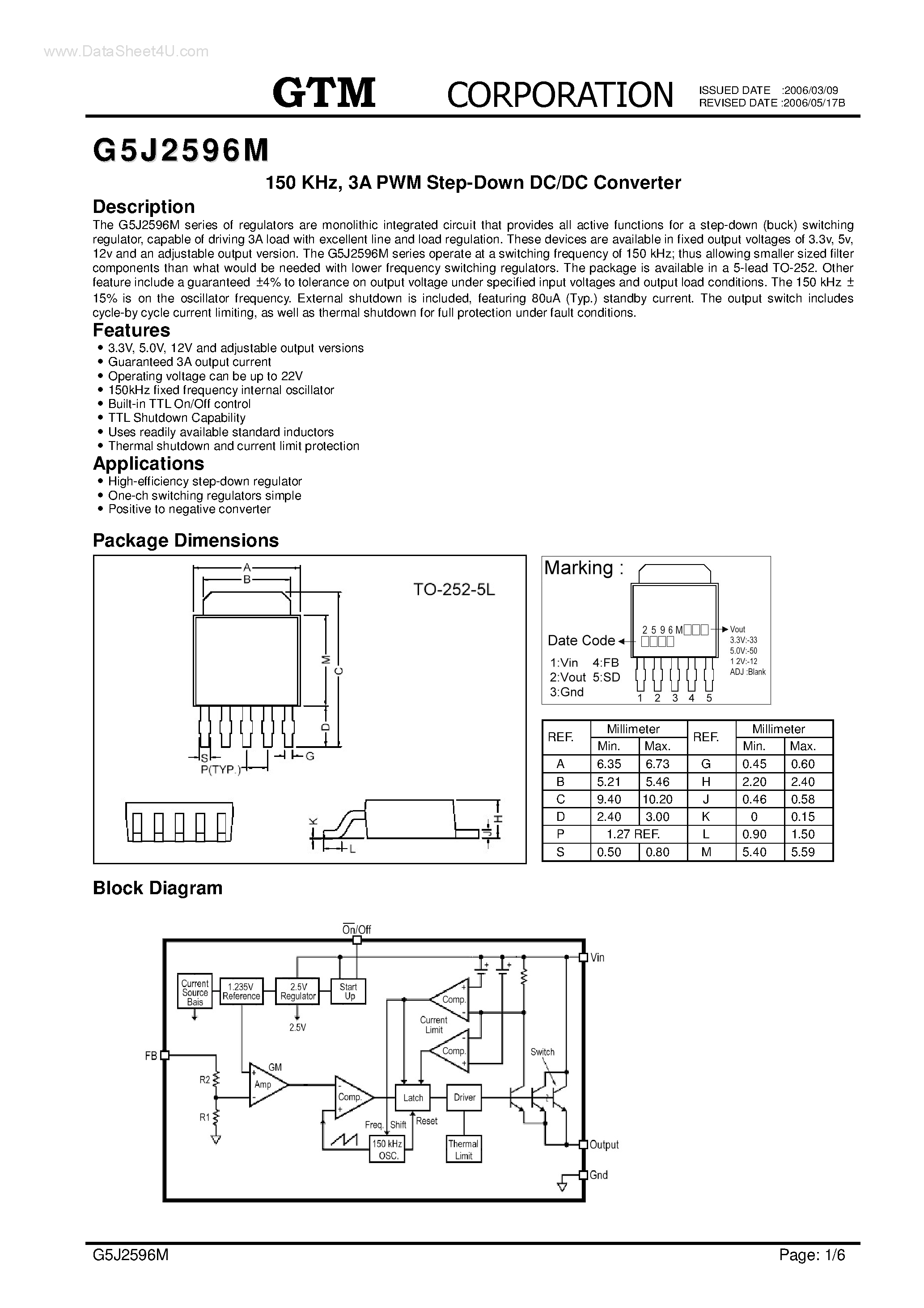 Даташит на микросхему G5J2596M страница 1 Даташит G5J2596M - 3A PWM Step-Down DC/DC Converter страница 1