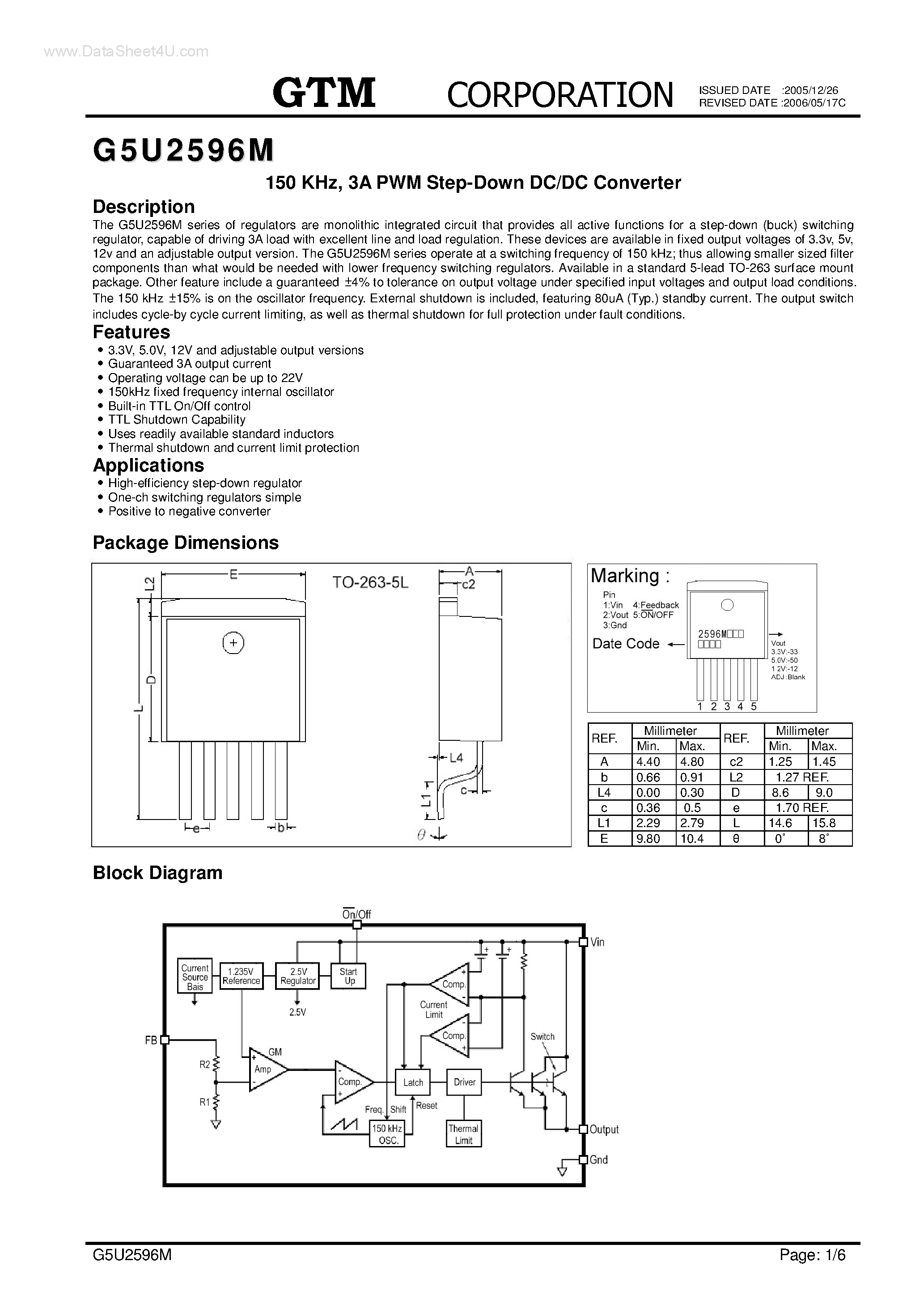 Даташит на микросхему G5U2596M страница 1 Даташит G5U2596M - 3A PWM Step-Down DC/DC Converter страница 1