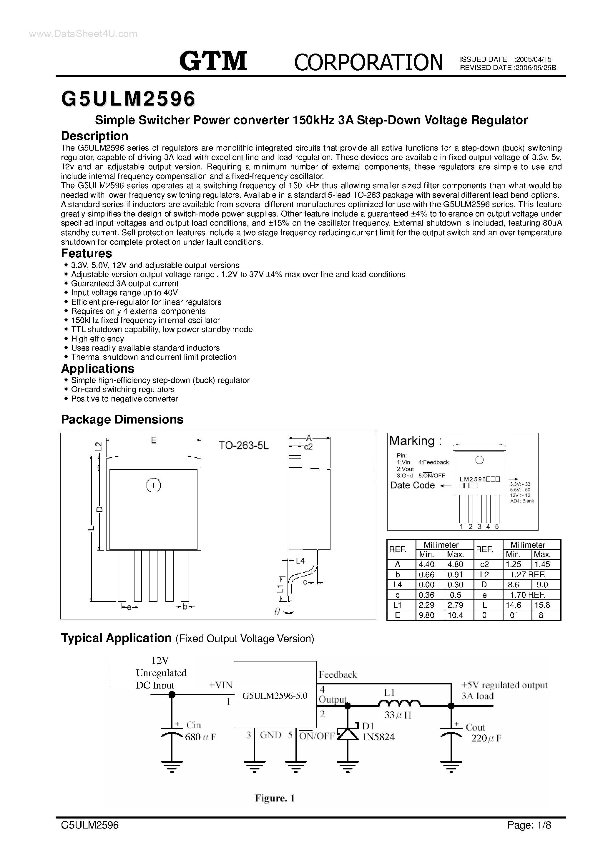 Даташит G5ULM2596 - Simple Switcher Power converter 150kHz 3A Step-Down Voltage Regulator страница 1