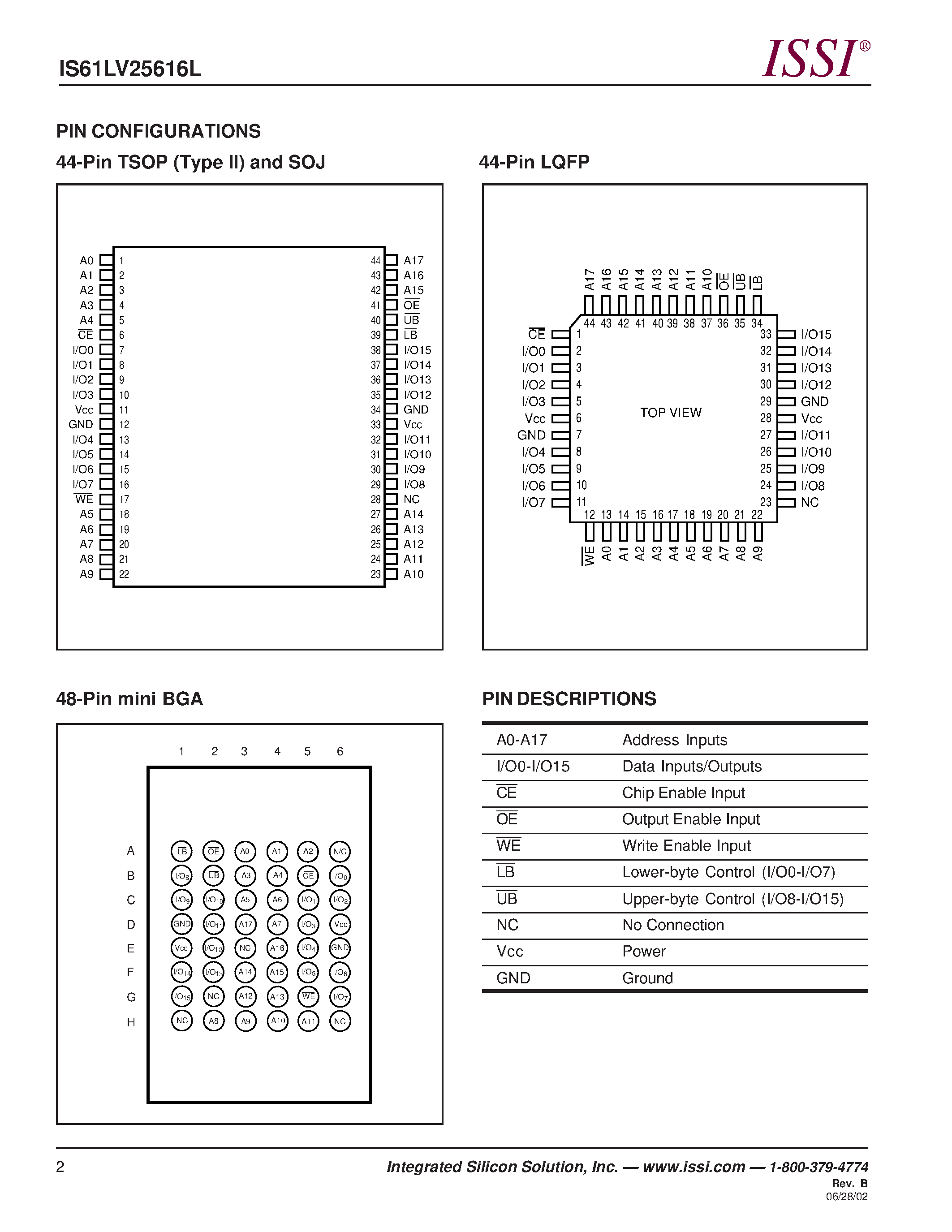 Даташит IS61LV25616L - 256K x 16 HIGH SPEED ASYNCHRONOUS CMOS STATIC RAM страница 2