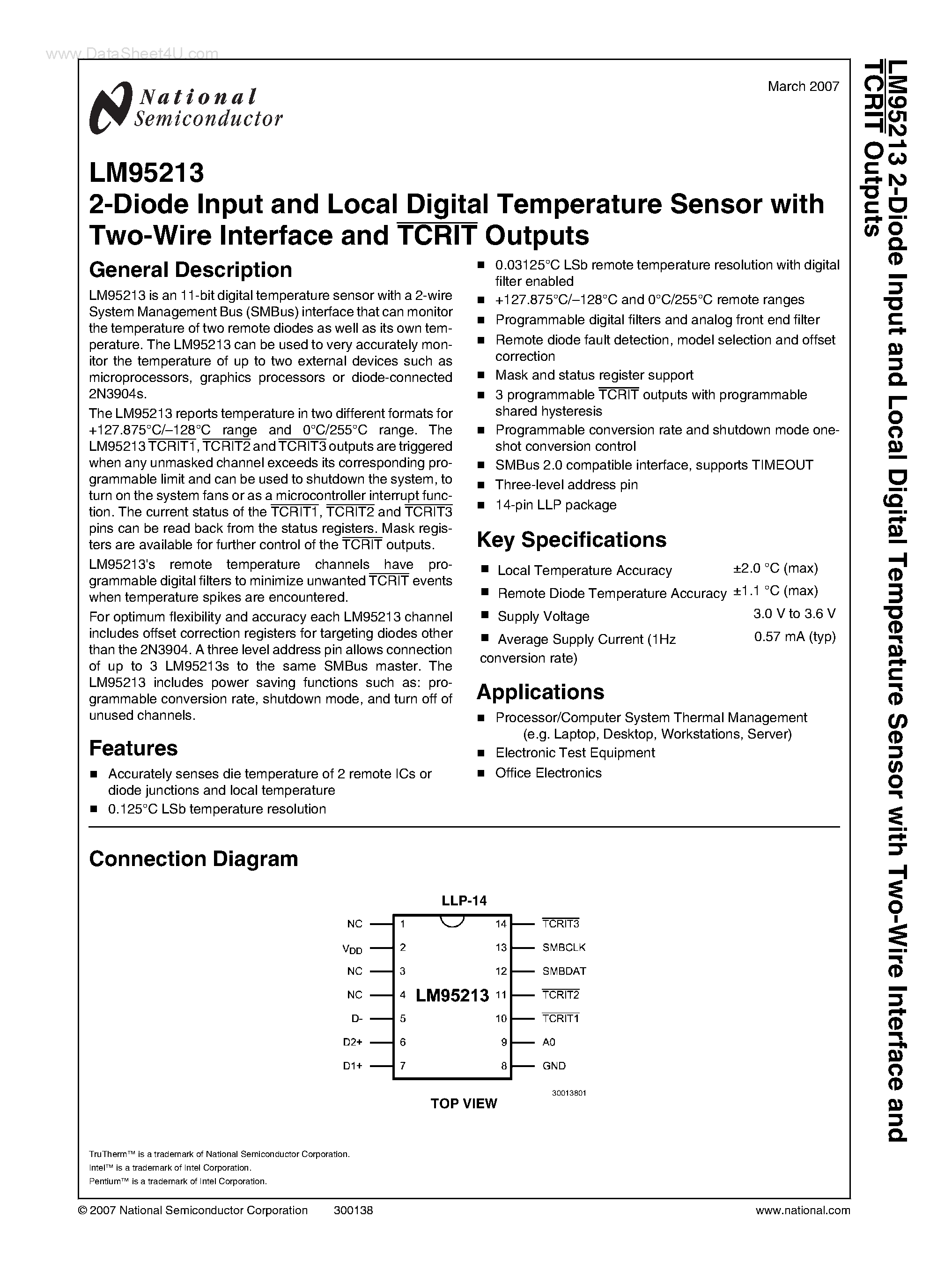 Datasheet LM95213 - 2-Diode Input and Local Digital Temperature Sensor page 1