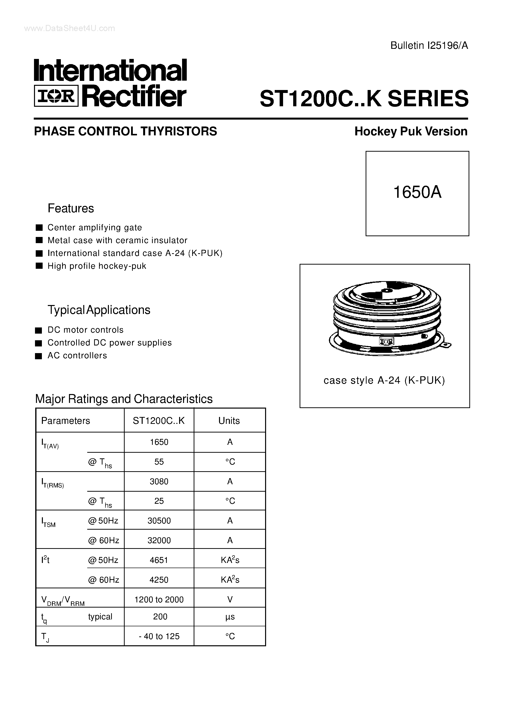 Даташит ST1200C - PHASE CONTROL THYRISTORS Hockey Puk Version страница 1