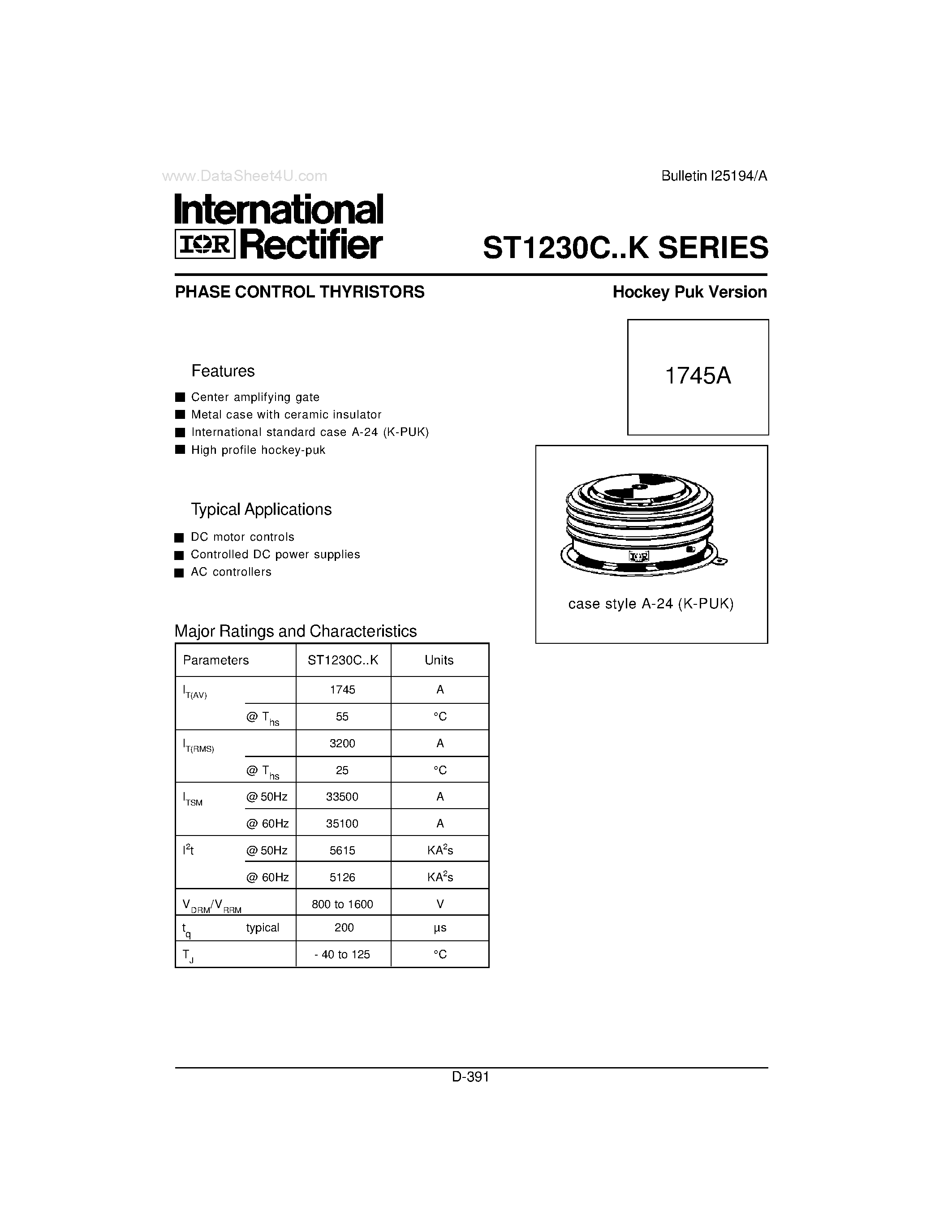 Datasheet ST1230C page 1 Datasheet ST1230C - PHASE CONTROL THYRISTORS Hockey Puk Version page 1