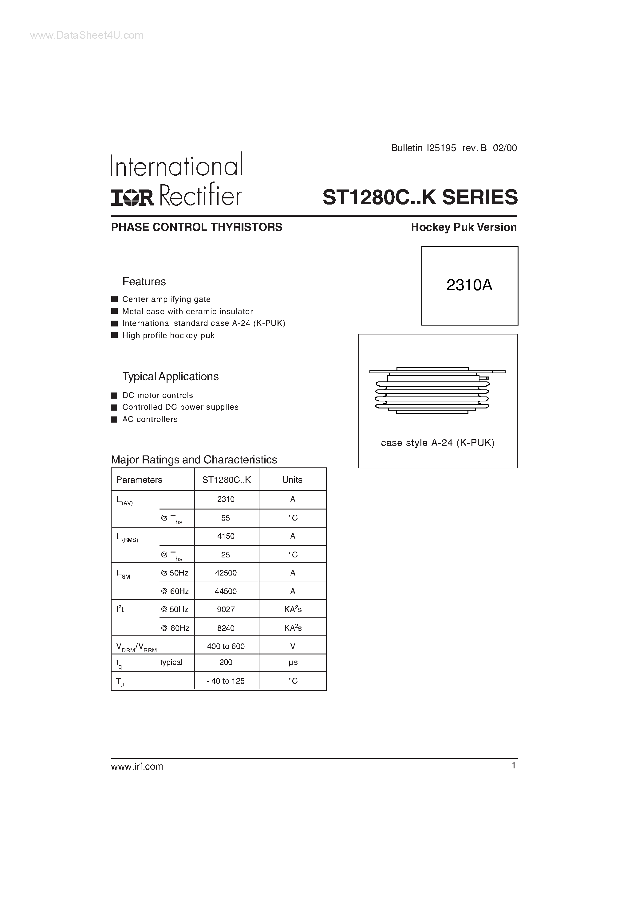 Datasheet ST1280C page 1 Datasheet ST1280C - PHASE CONTROL THYRISTORS page 1