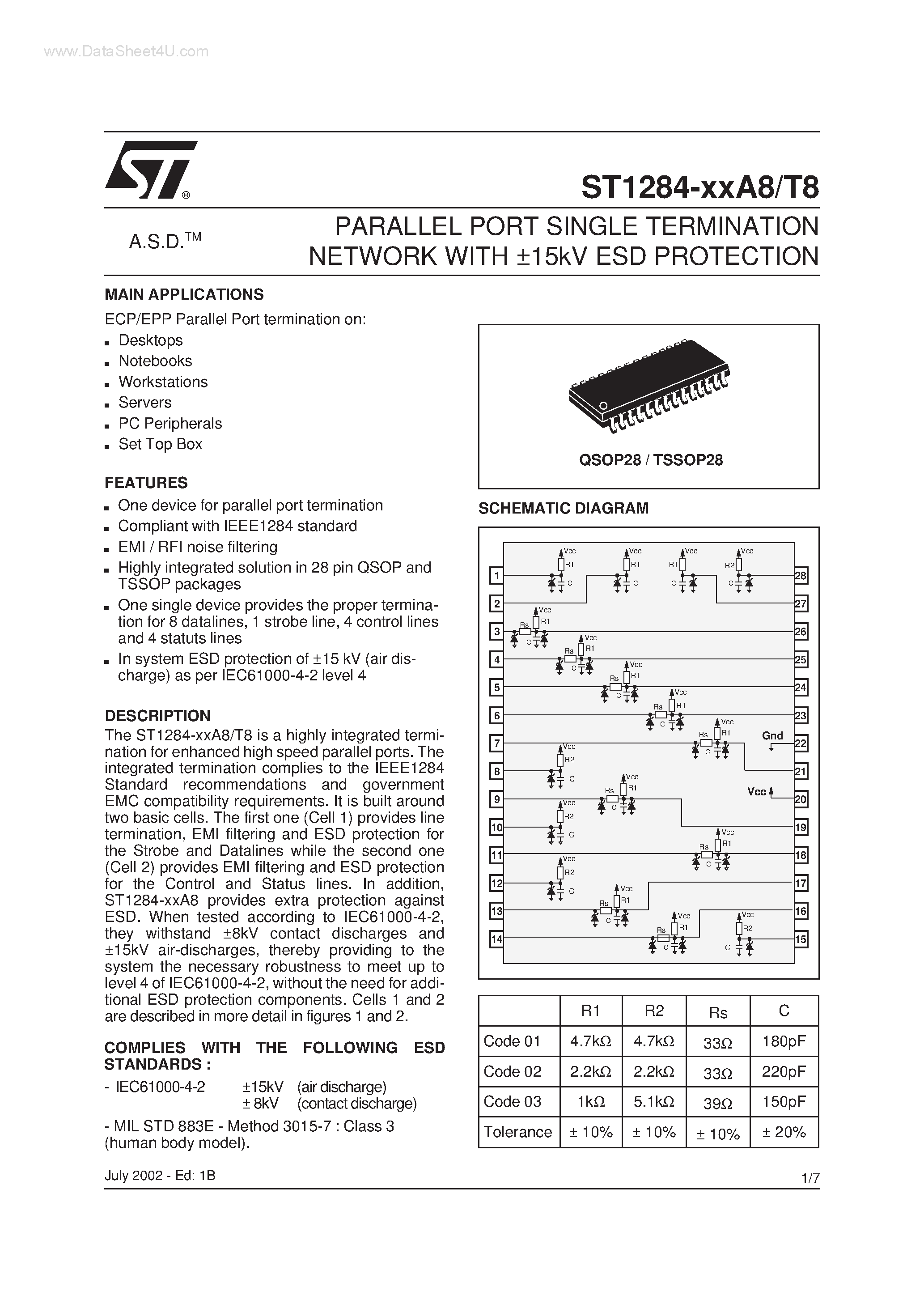 Datasheet ST1284-xxA8 page 1 Datasheet ST1284-xxA8 - PARALLEL PORT SINGLE TERMINATION NETWORK page 1