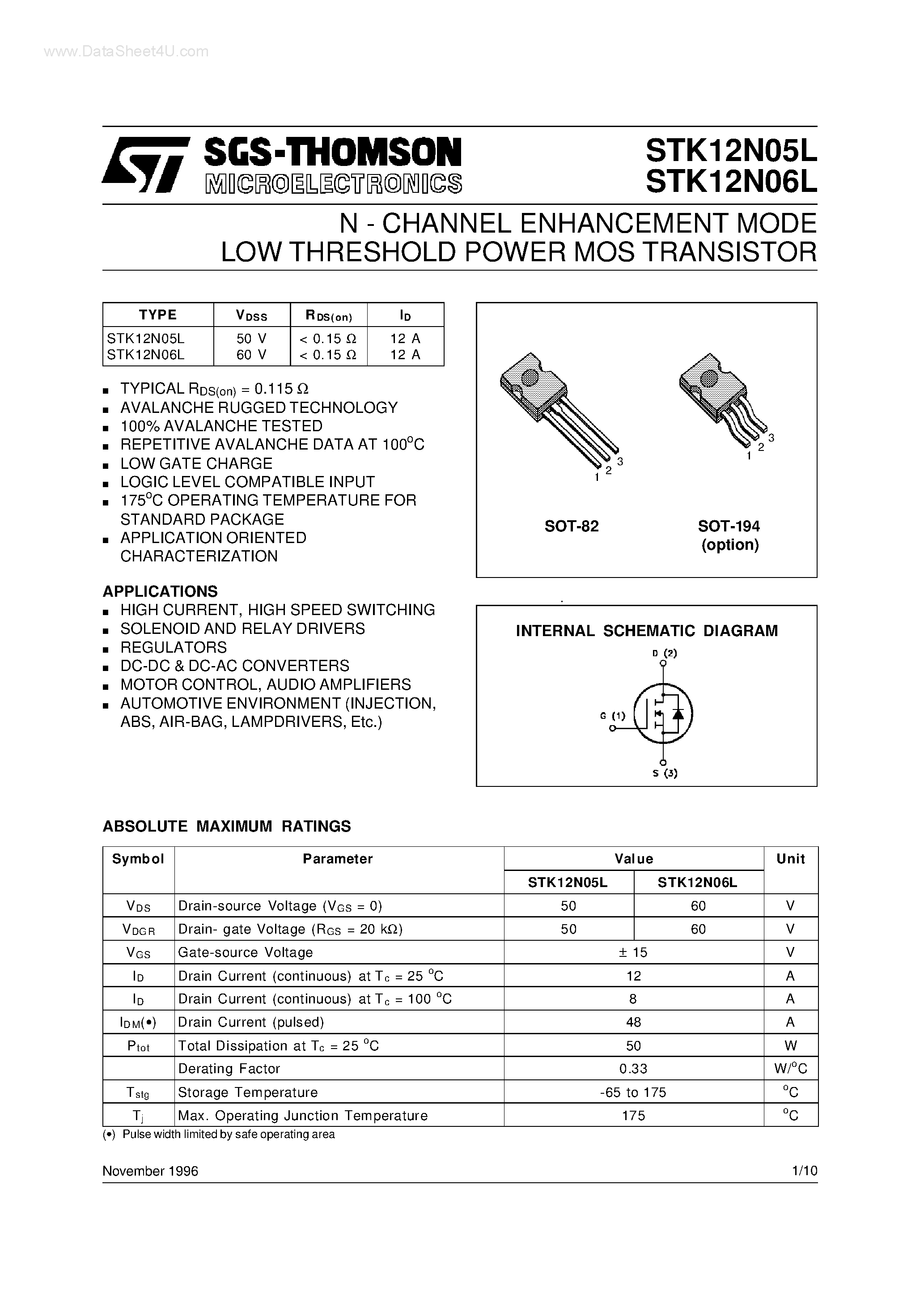 Даташит STK12N05L - (STK12N05L / STK12N06L) N - CHANNEL ENHANCEMENT MODE LOW THRESHOLD POWER MOS TRANSISTOR страница 1