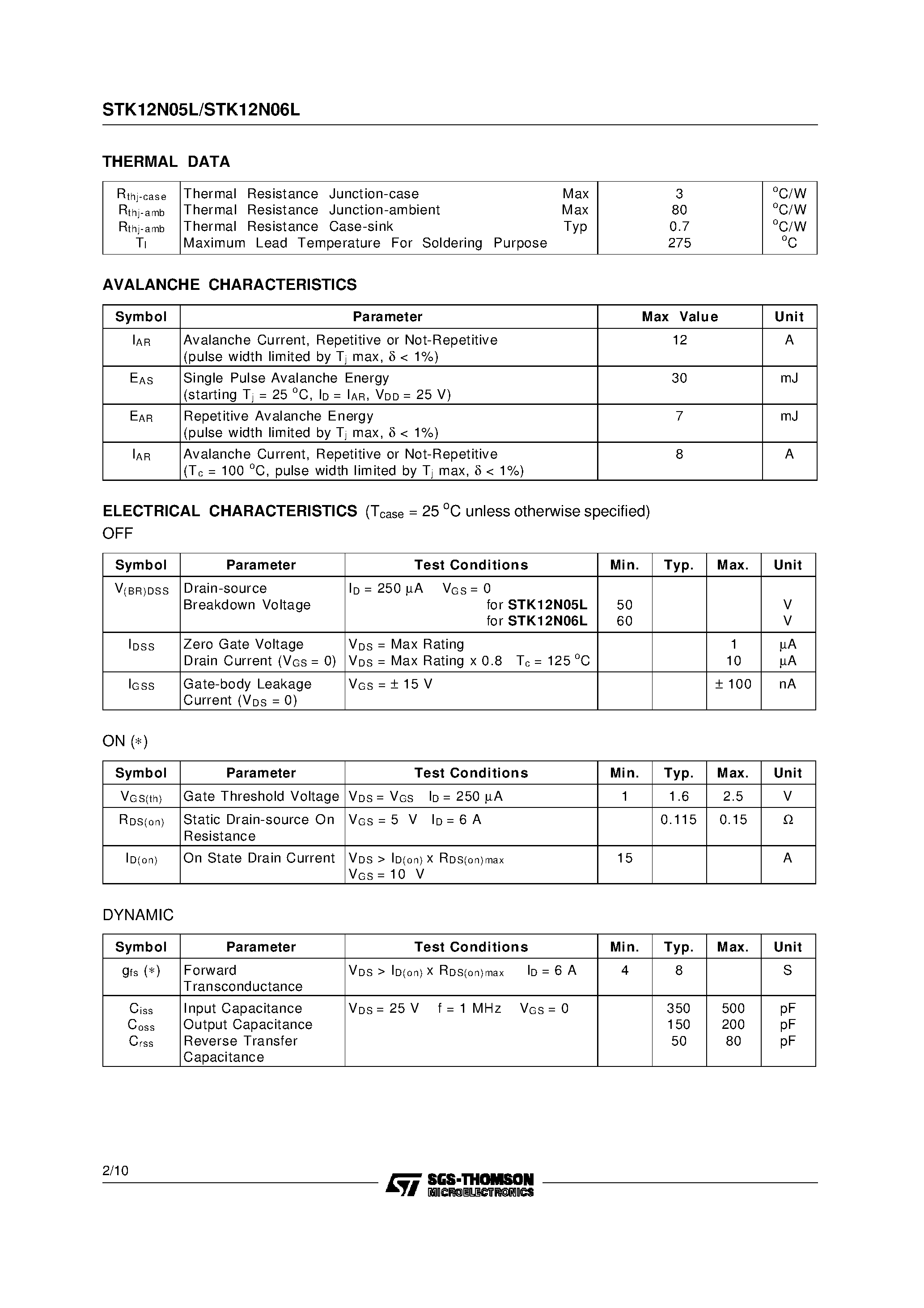 Даташит STK12N05L - (STK12N05L / STK12N06L) N - CHANNEL ENHANCEMENT MODE LOW THRESHOLD POWER MOS TRANSISTOR страница 2