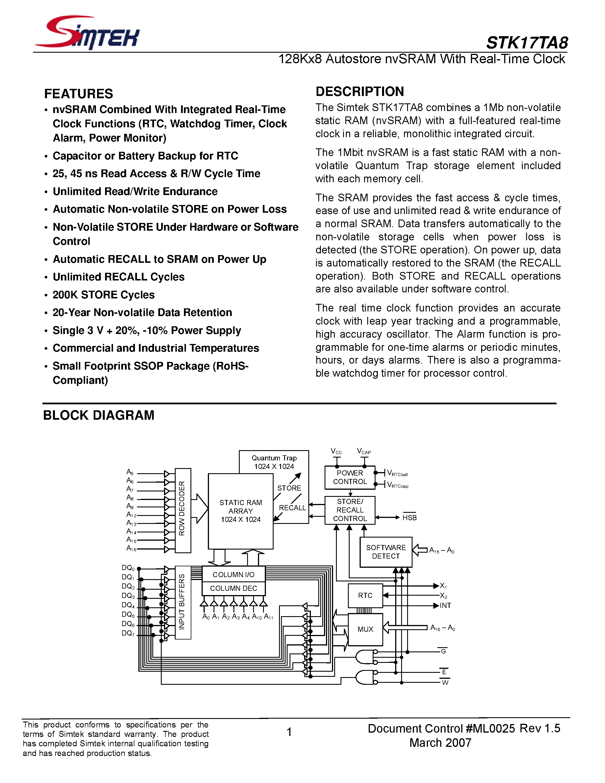 Datasheet STK17TA8 - 128Kx8 Autostore nvSRAM page 1