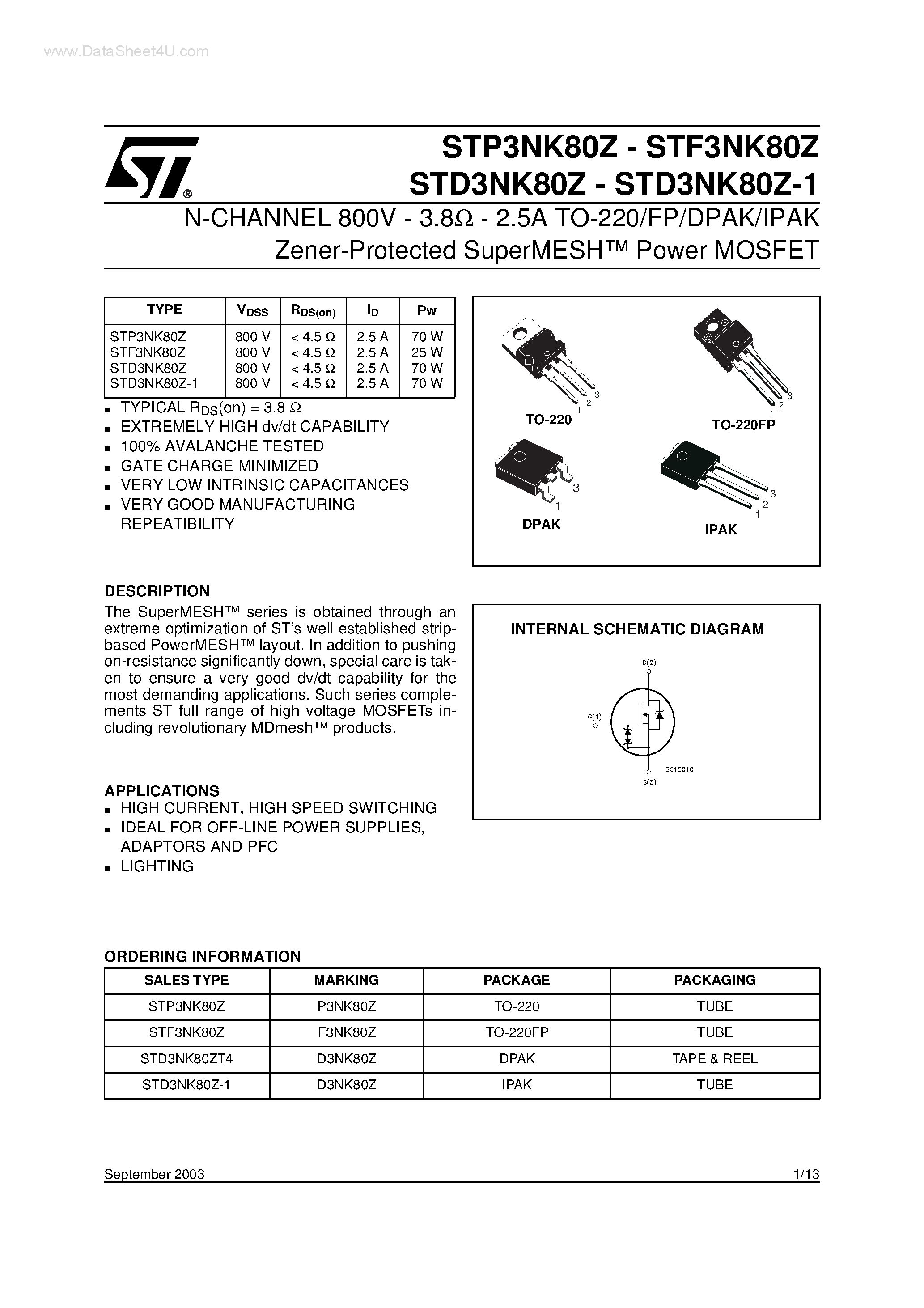 Даташит STD3NK80Z - N-CHANNEL Power MOSFET страница 1