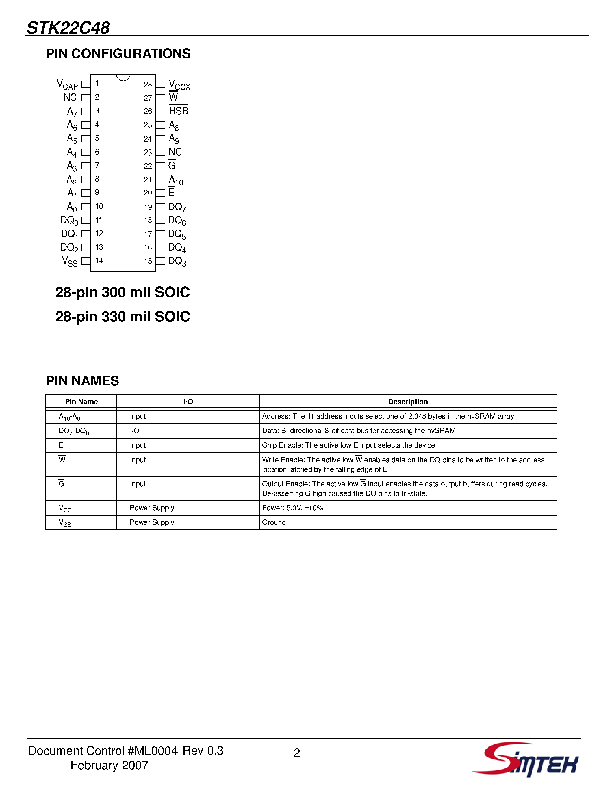 Datasheet STK22C48 page 2 Datasheet STK22C48 - 2Kx8 AutoStore nvSRAM page 2