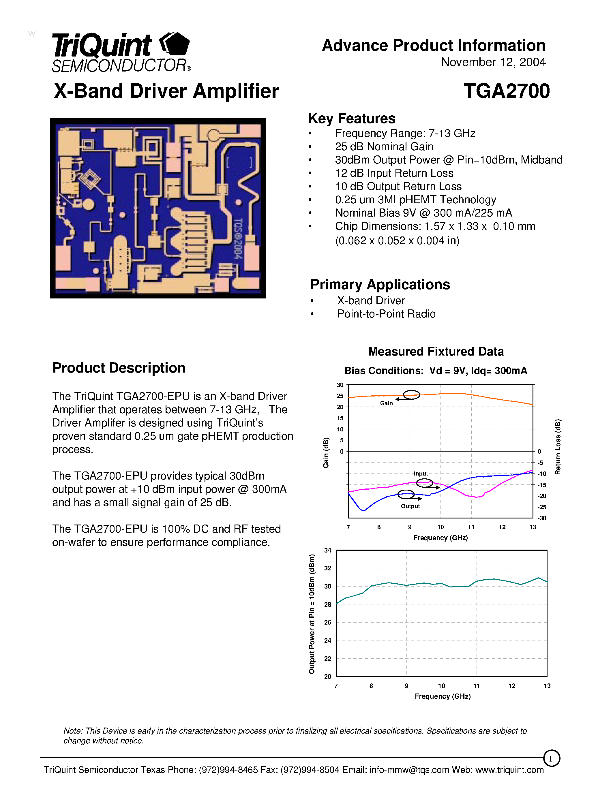 Даташит TGA2700 - X-Band Driver Amplifier страница 1