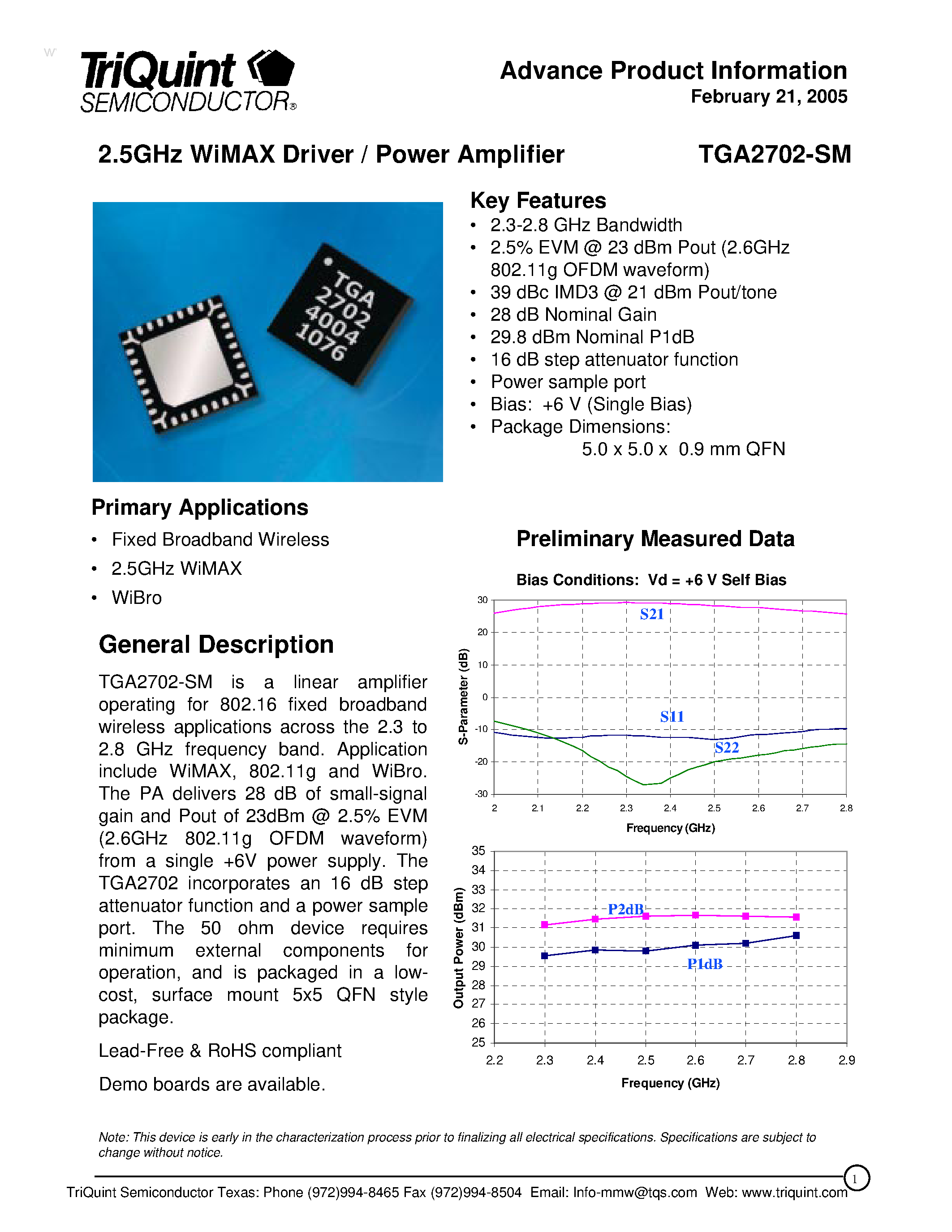 Datasheet TGA2702-SM page 1 Datasheet TGA2702-SM - 2.5GHz WiMAX Driver / Power Amplifier page 1