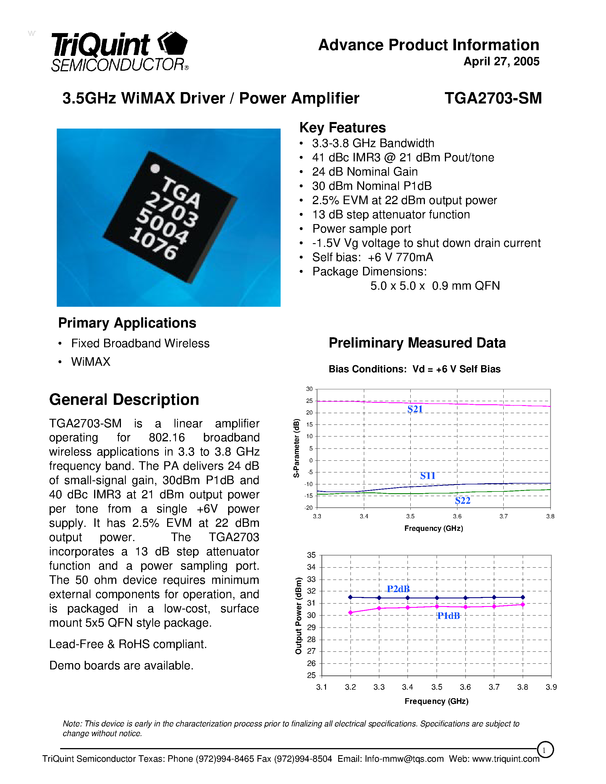 Datasheet TGA2703-SM - 3.5GHz WiMAX Driver / Power Amplifier page 1